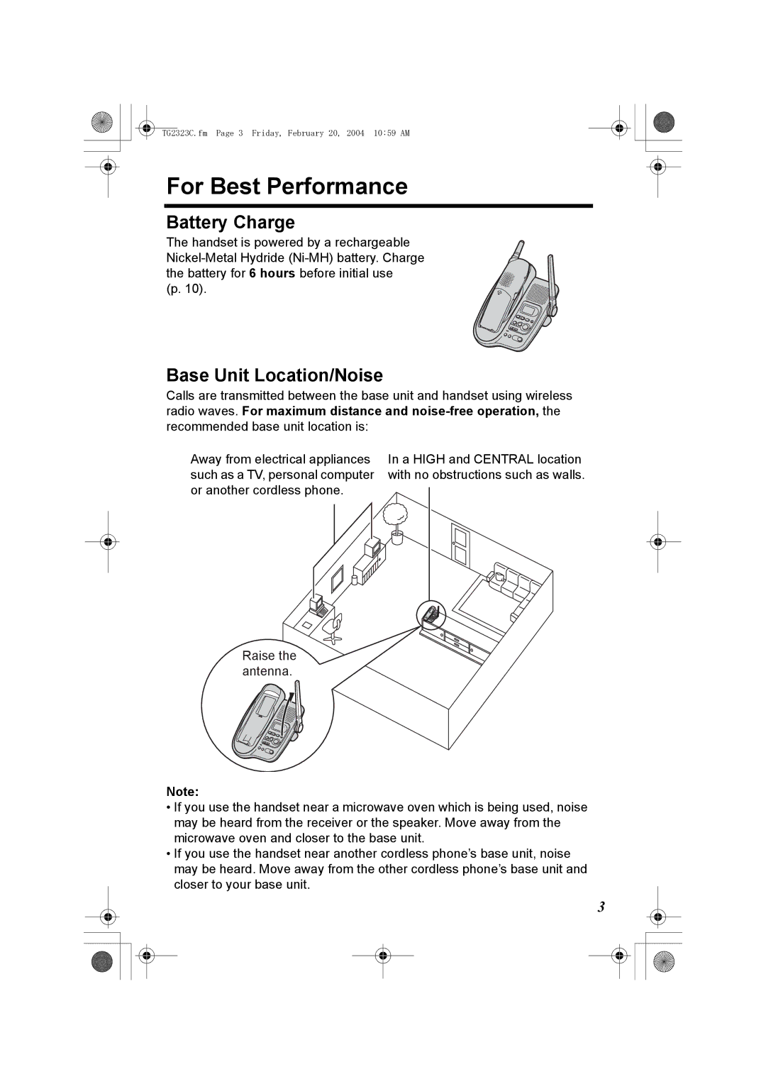 Panasonic kX-TG2323C operating instructions For Best Performance, Battery Charge, Base Unit Location/Noise 