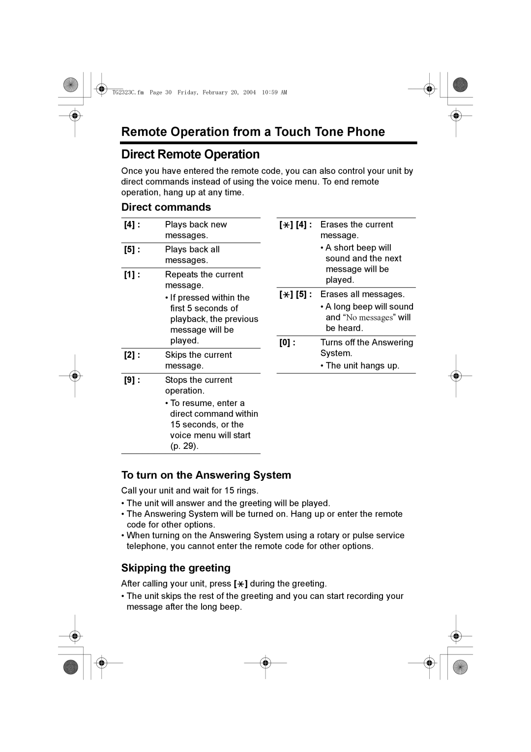 Panasonic kX-TG2323C operating instructions Direct commands, To turn on the Answering System, Skipping the greeting 