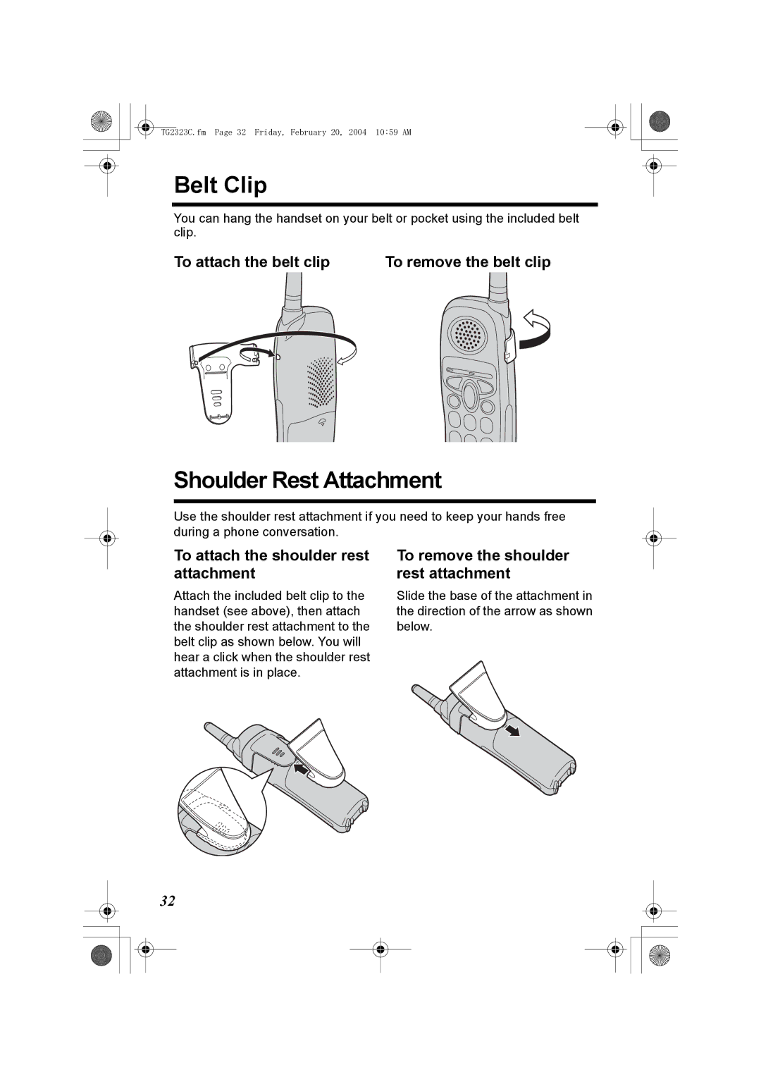 Panasonic kX-TG2323C Belt Clip, Shoulder Rest Attachment, To attach the belt clip To remove the belt clip 