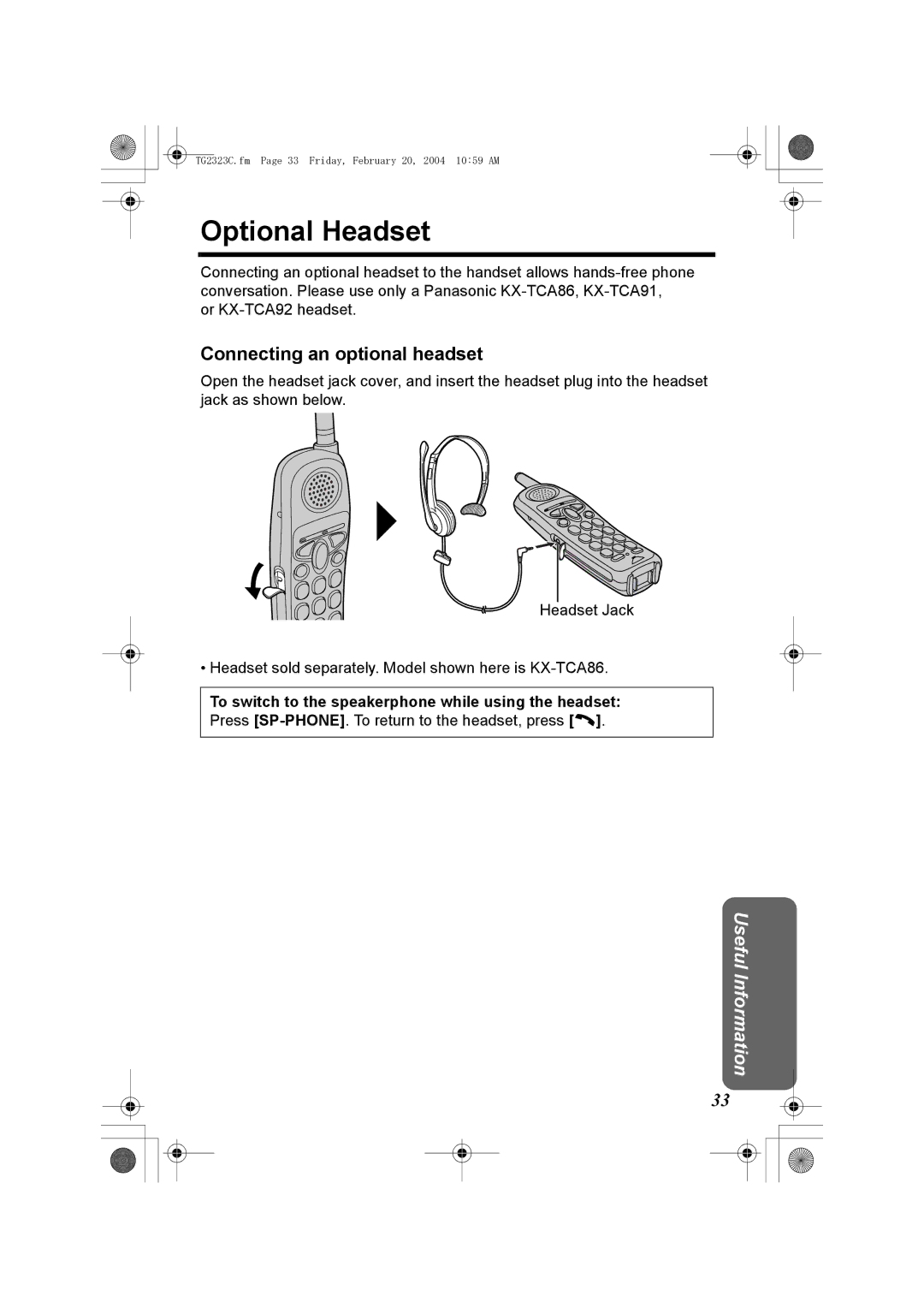 Panasonic kX-TG2323C operating instructions Optional Headset, Connecting an optional headset 