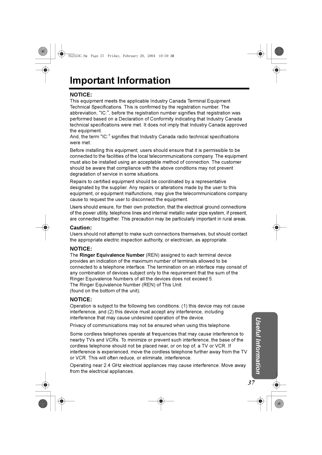 Panasonic kX-TG2323C operating instructions Important Information 