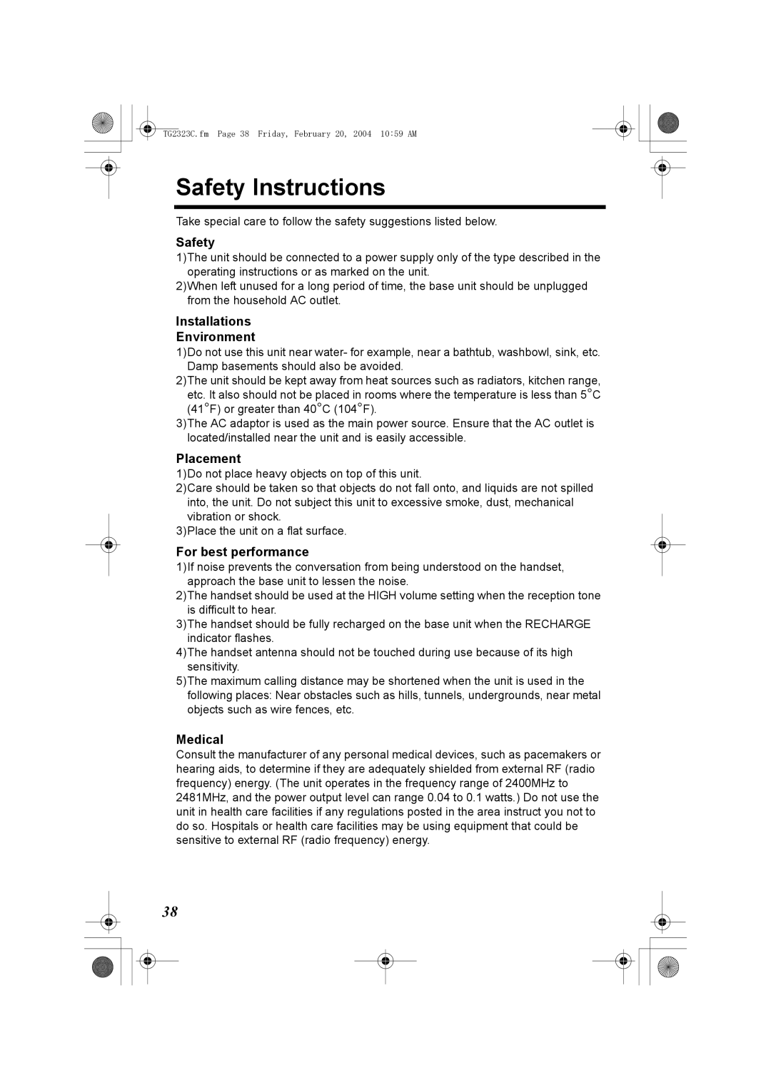 Panasonic kX-TG2323C operating instructions Safety Instructions 