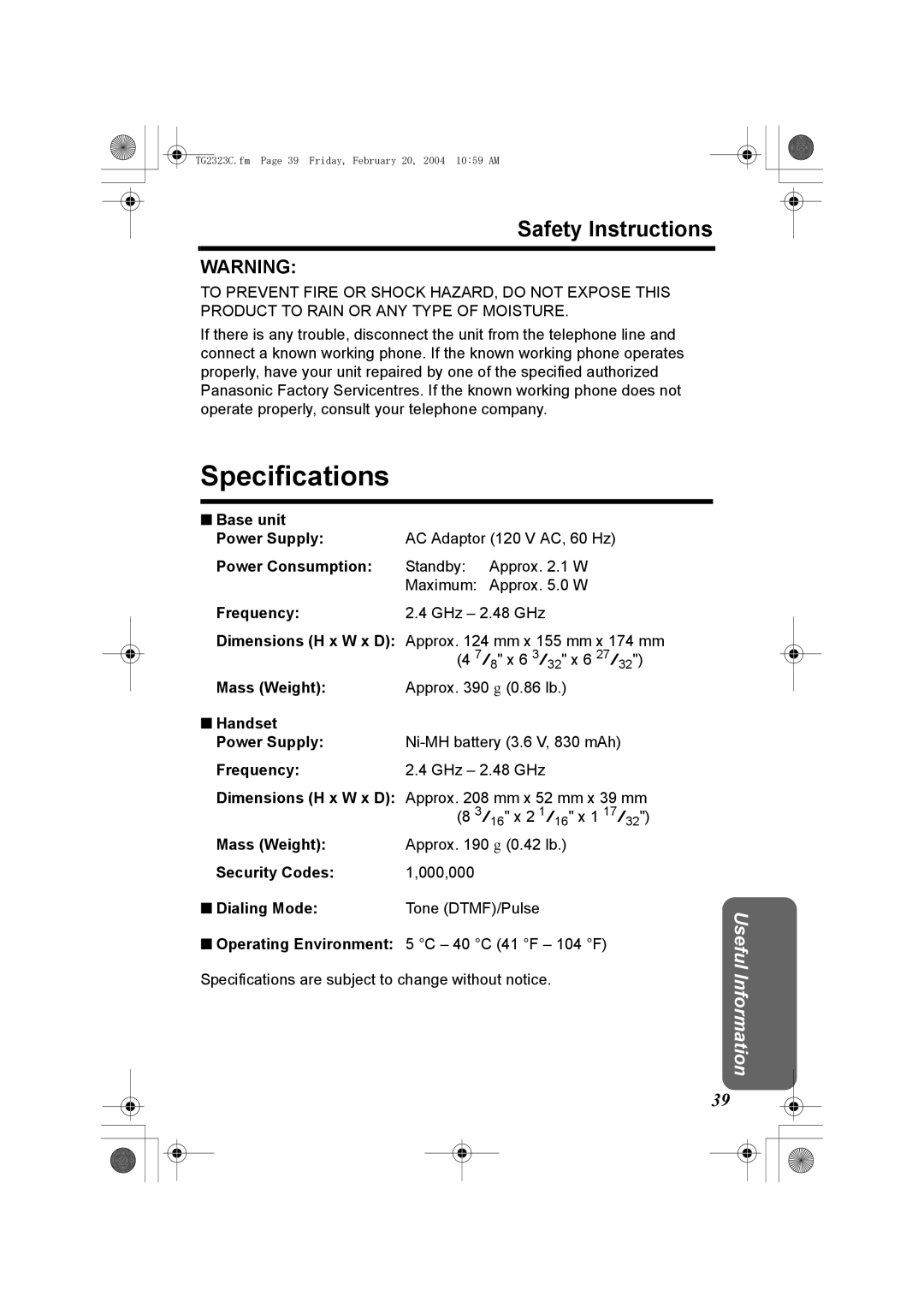 Panasonic kX-TG2323C operating instructions Specifications, Safety Instructions 