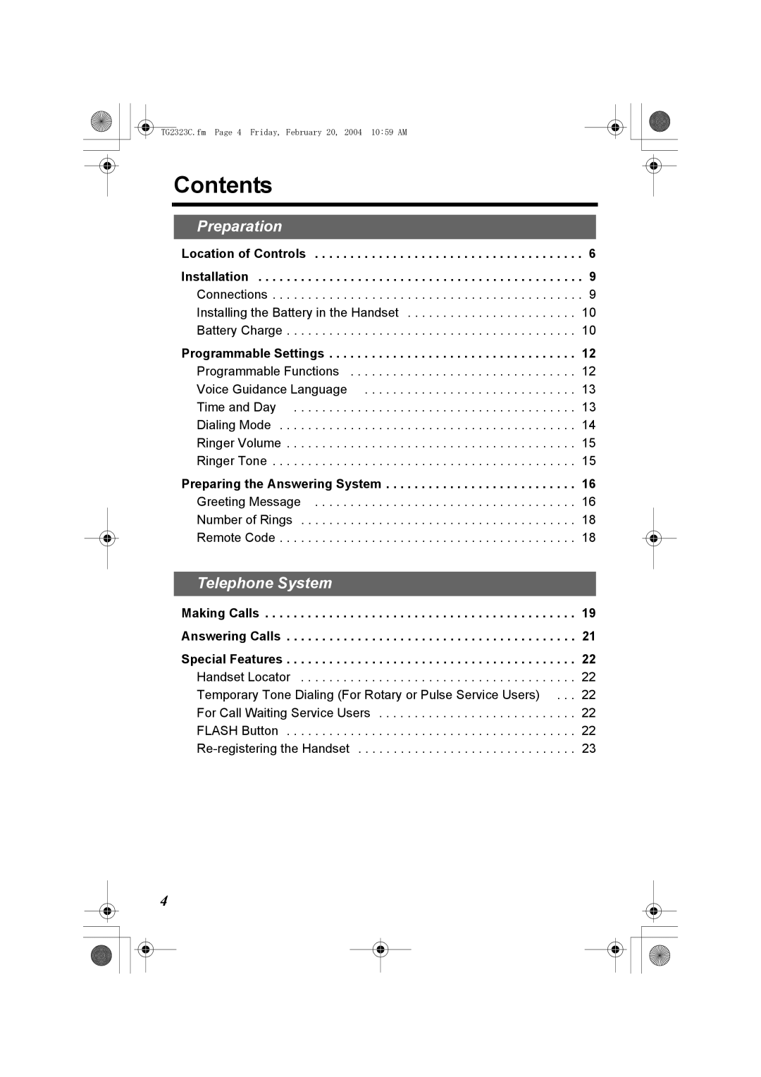 Panasonic kX-TG2323C operating instructions Contents 