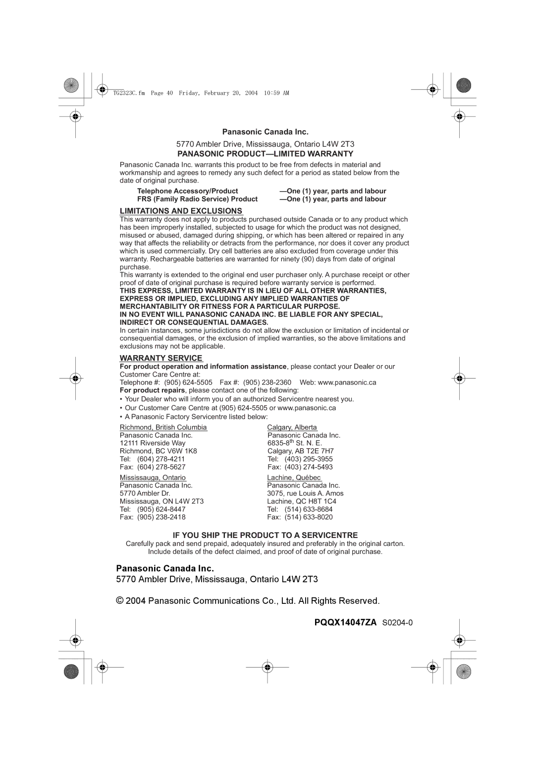 Panasonic kX-TG2323C operating instructions Panasonic Canada Inc, PQQX14047ZA S0204-0 