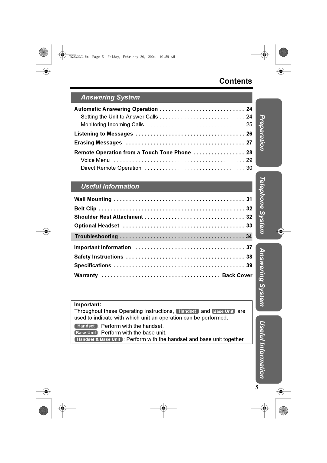 Panasonic kX-TG2323C operating instructions Contents 