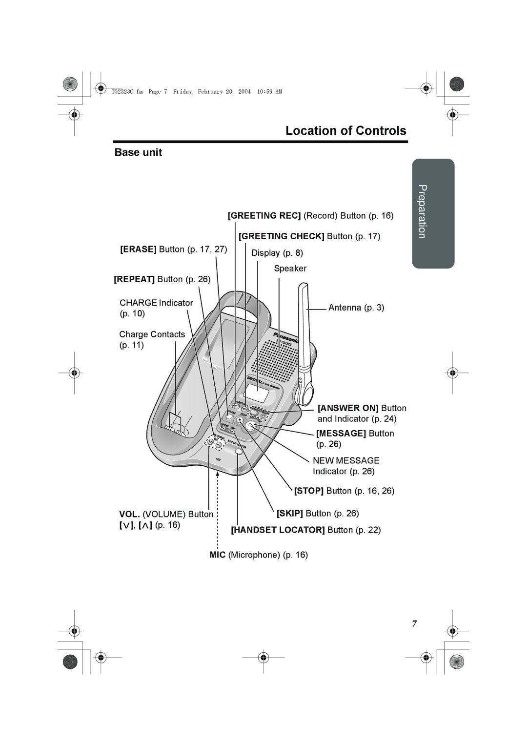 Panasonic kX-TG2323C operating instructions Location of Controls, Base unit 