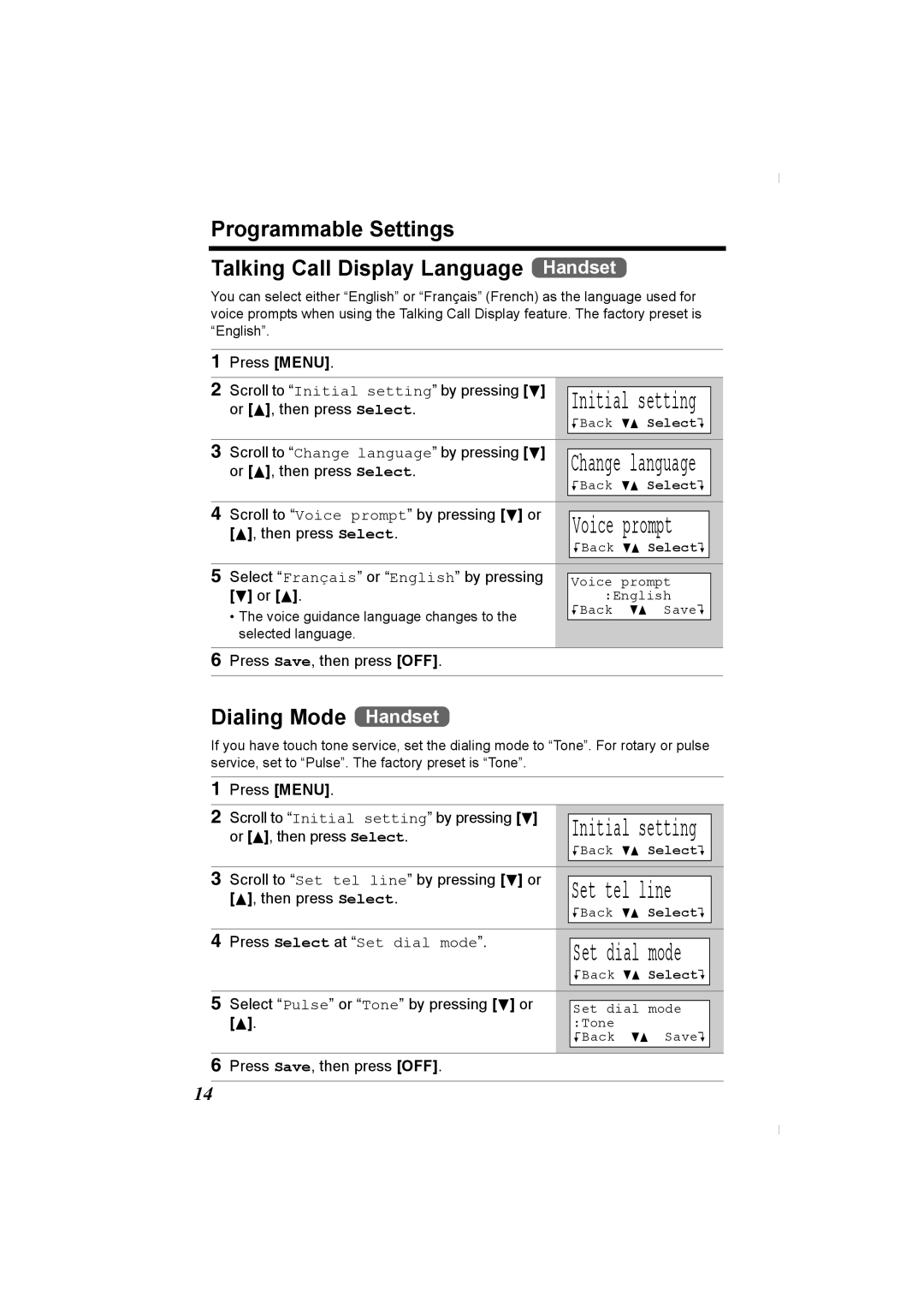 Panasonic KX-TG2336C Programmable Settings Talking Call Display Language Handset, Dialing Mode Handset 