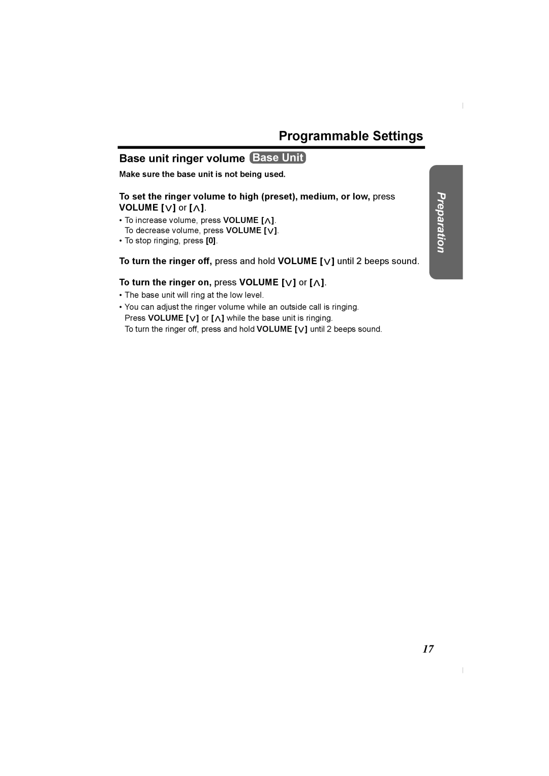 Panasonic KX-TG2336C Programmable Settings, Base unit ringer volume Base Unit, To turn the ringer on, press Volume or 