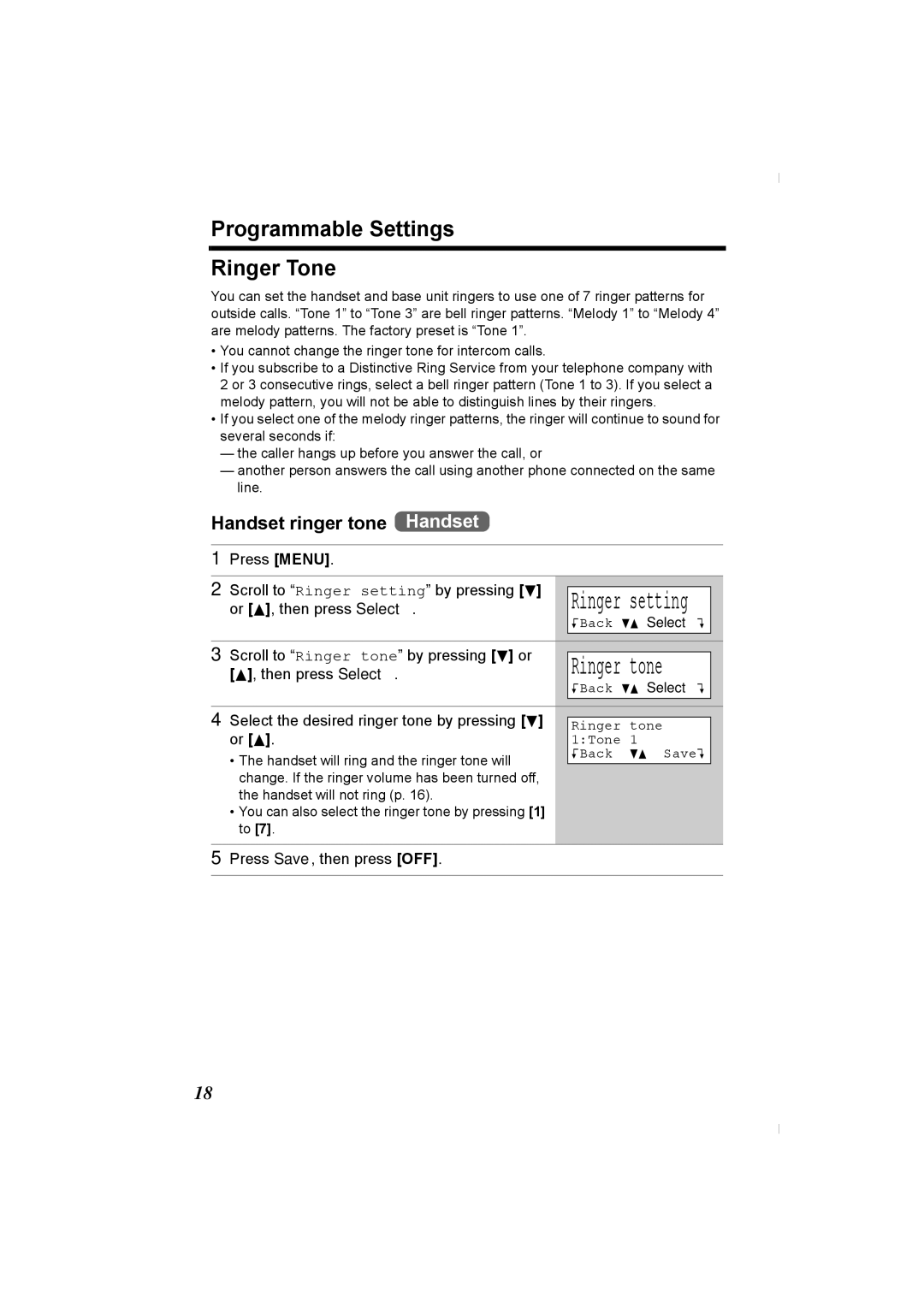 Panasonic KX-TG2336C operating instructions Programmable Settings Ringer Tone, Handset ringer tone Handset 