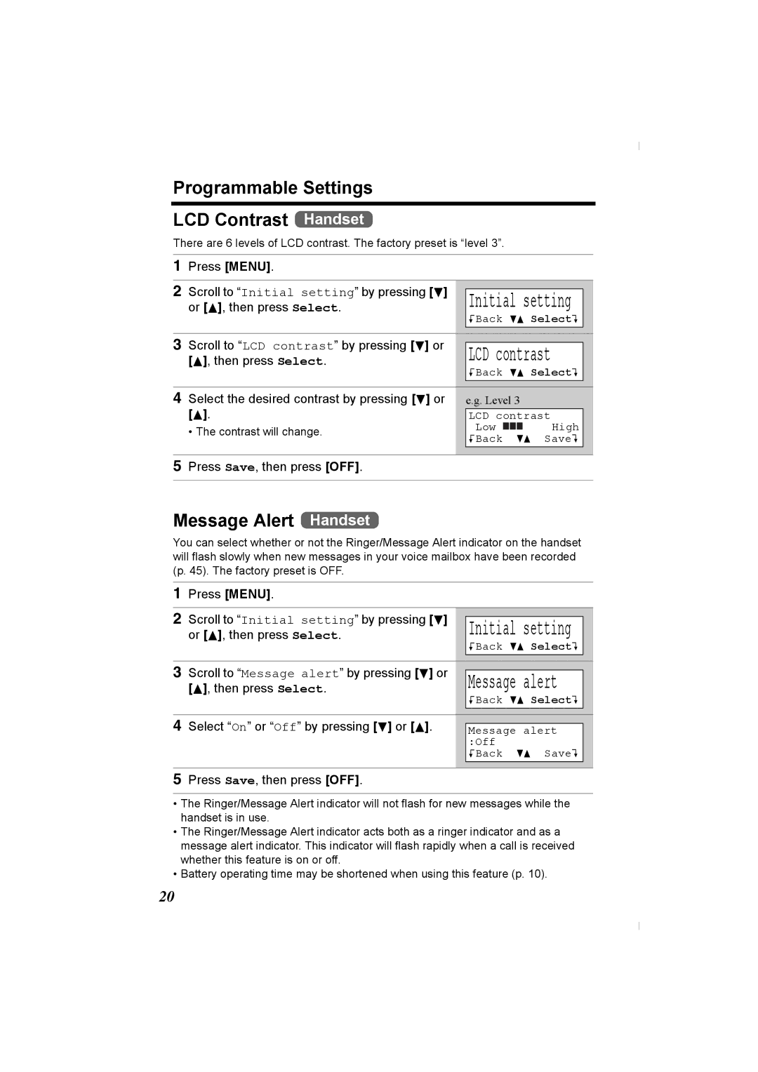 Panasonic KX-TG2336C operating instructions Programmable Settings LCD Contrast Handset, Message Alert Handset 