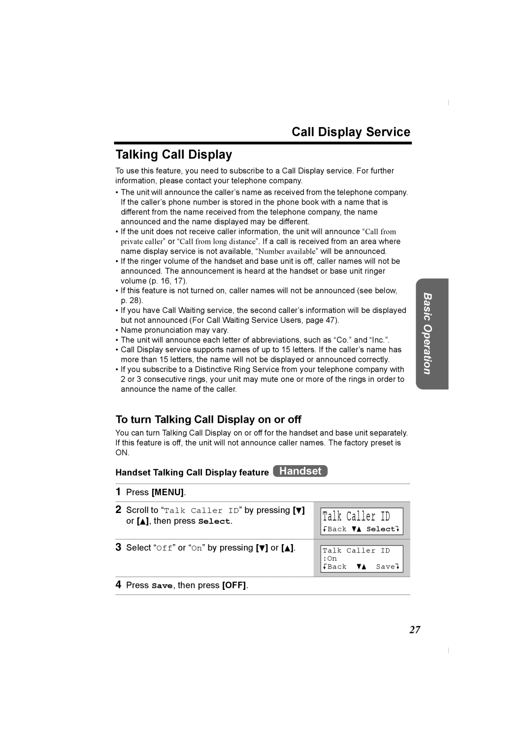 Panasonic KX-TG2336C Call Display Service Talking Call Display, To turn Talking Call Display on or off 