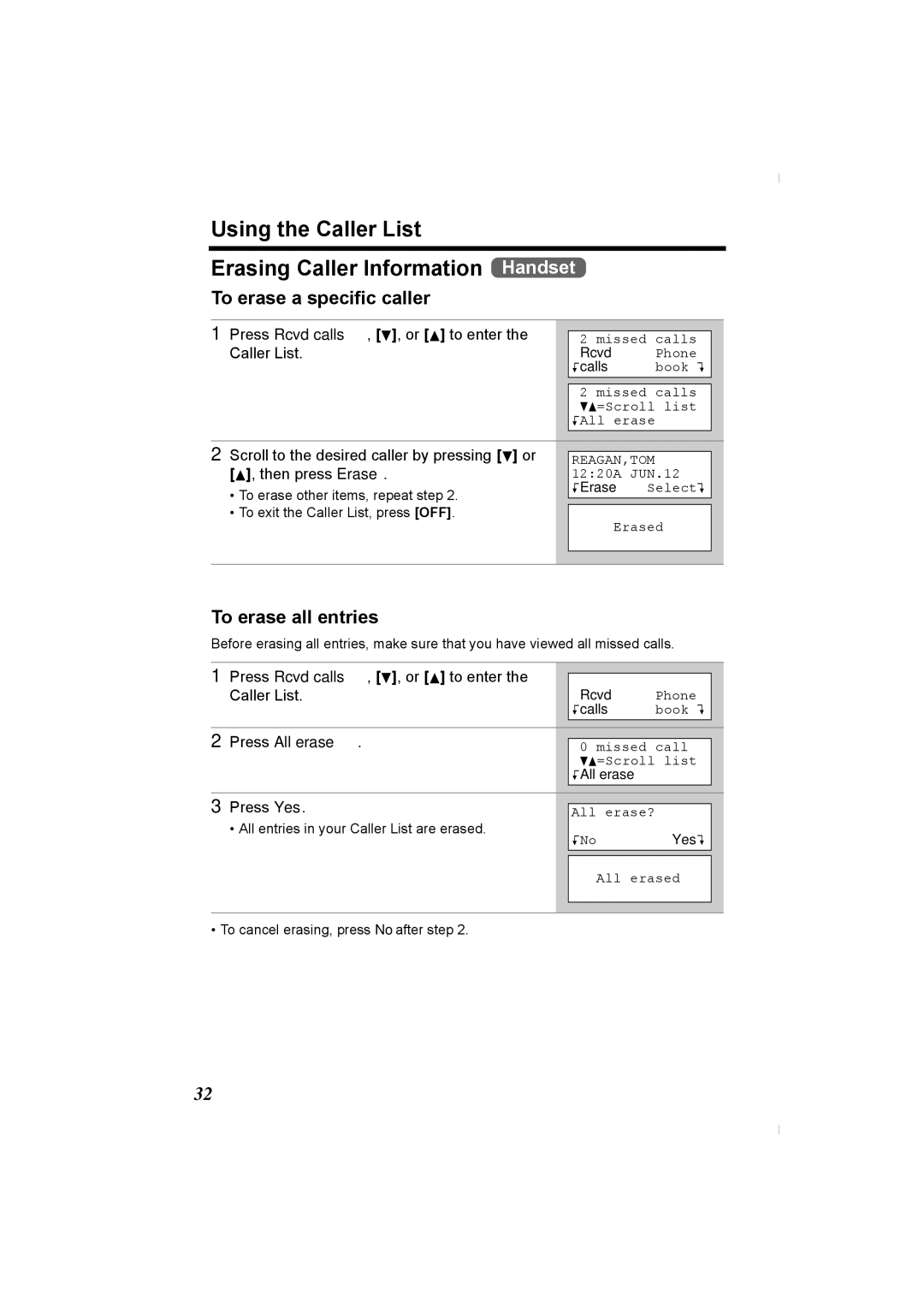 Panasonic KX-TG2336C Using the Caller List Erasing Caller Information Handset, To erase a specific caller 