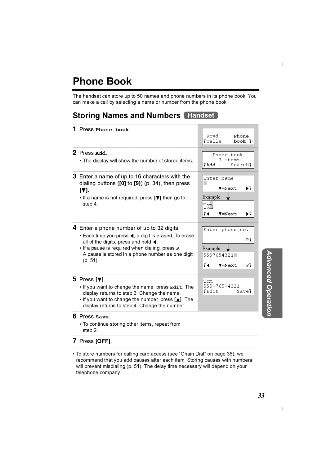 Panasonic KX-TG2336C operating instructions Phone Book, Storing Names and Numbers Handset 