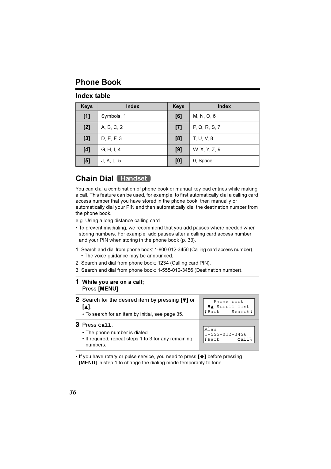 Panasonic KX-TG2336C operating instructions Chain Dial Handset, Index table, While you are on a call Press Menu, Press Call 