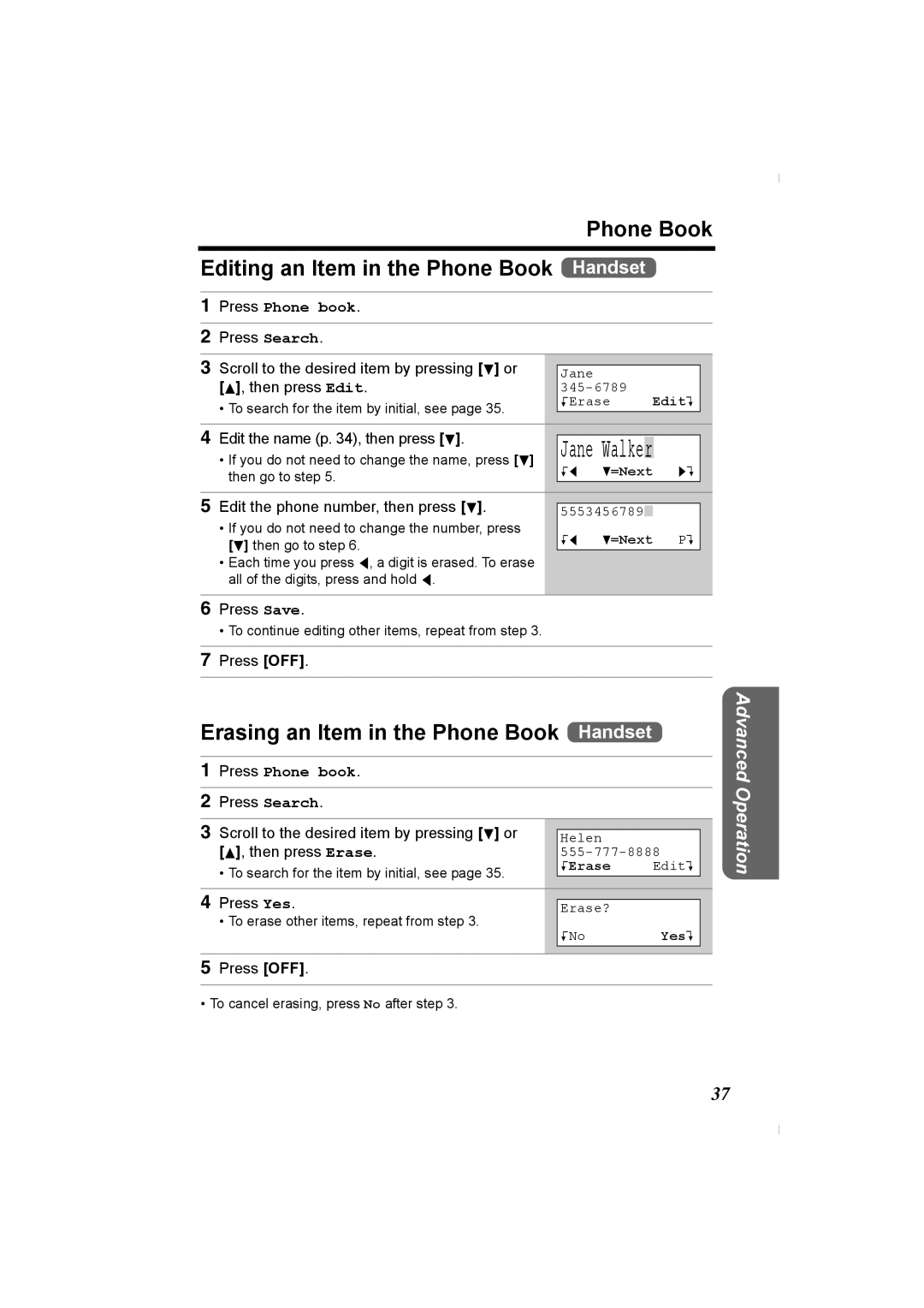 Panasonic KX-TG2336C Phone Book Editing an Item in the Phone Book Handset, Erasing an Item in the Phone Book Handset 