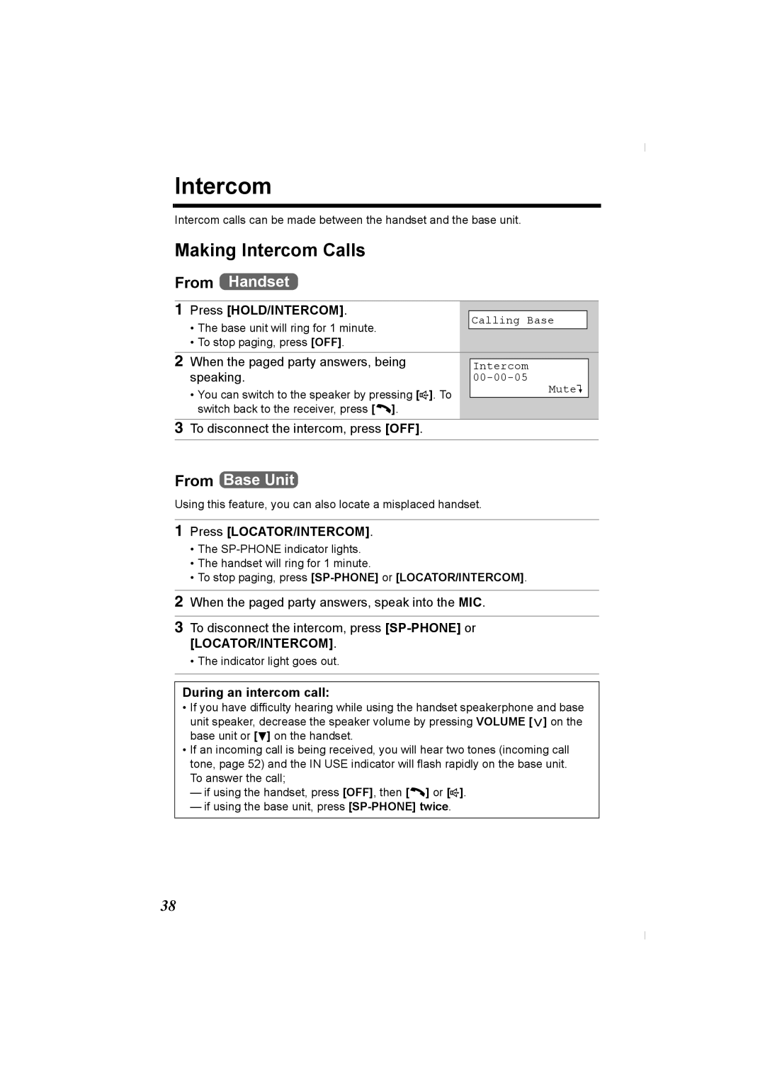 Panasonic KX-TG2336C Making Intercom Calls, Press HOLD/INTERCOM, Press LOCATOR/INTERCOM, During an intercom call 