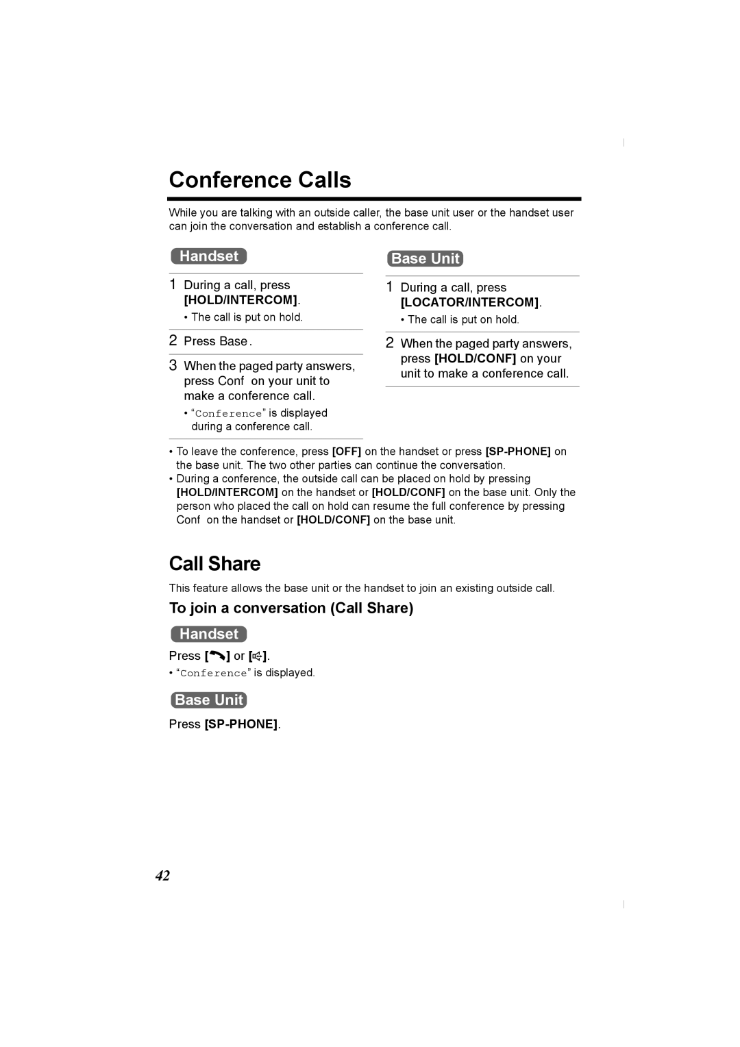 Panasonic KX-TG2336C operating instructions Conference Calls, To join a conversation Call Share, During a call, press 