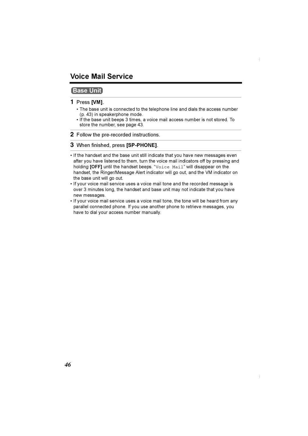 Panasonic KX-TG2336C operating instructions Voice Mail Service, Press VM 