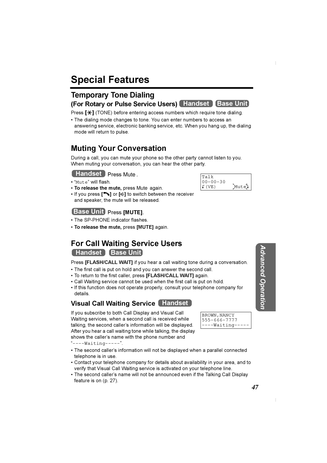 Panasonic KX-TG2336C Special Features, Temporary Tone Dialing, Muting Your Conversation, For Call Waiting Service Users 