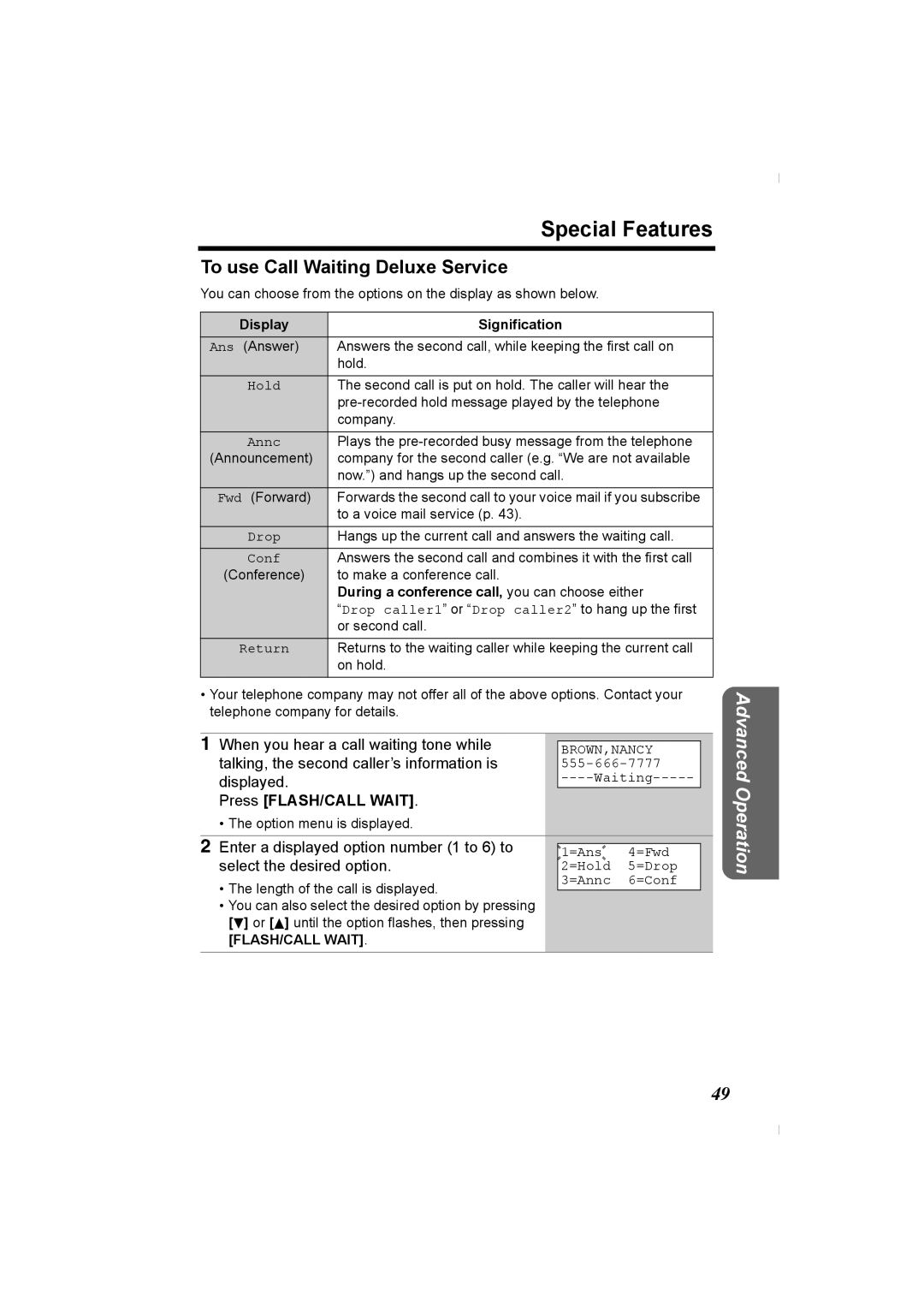 Panasonic KX-TG2336C operating instructions Special Features, To use Call Waiting Deluxe Service, Press FLASH/CALL Wait 