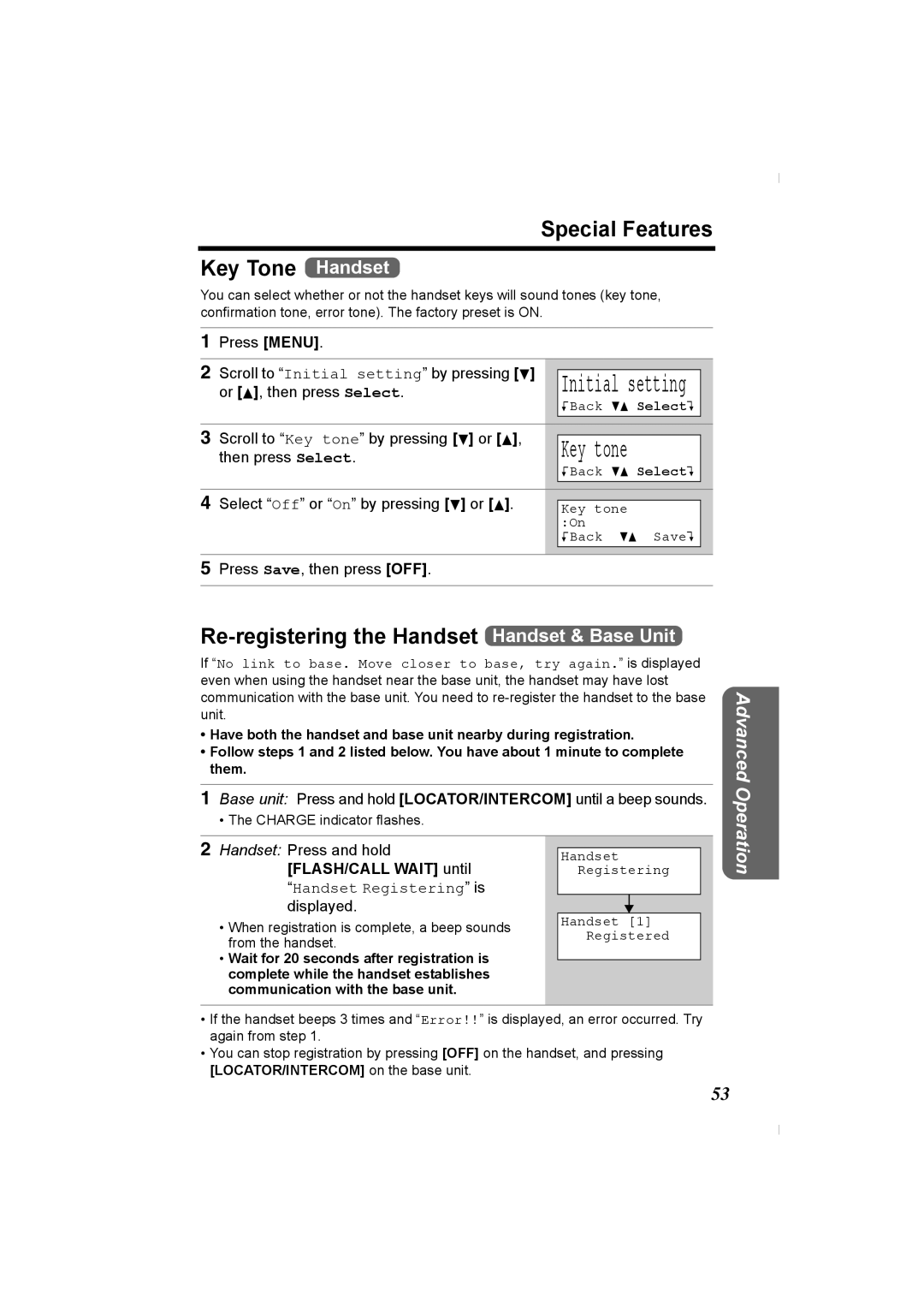 Panasonic KX-TG2336C Special Features Key Tone Handset, Re-registering the Handset Handset & Base Unit 