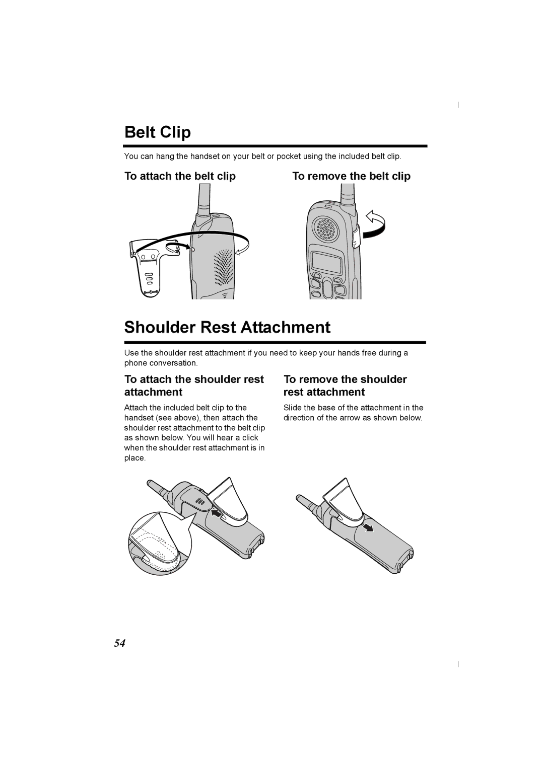 Panasonic KX-TG2336C Belt Clip, Shoulder Rest Attachment, To attach the belt clip To remove the belt clip 