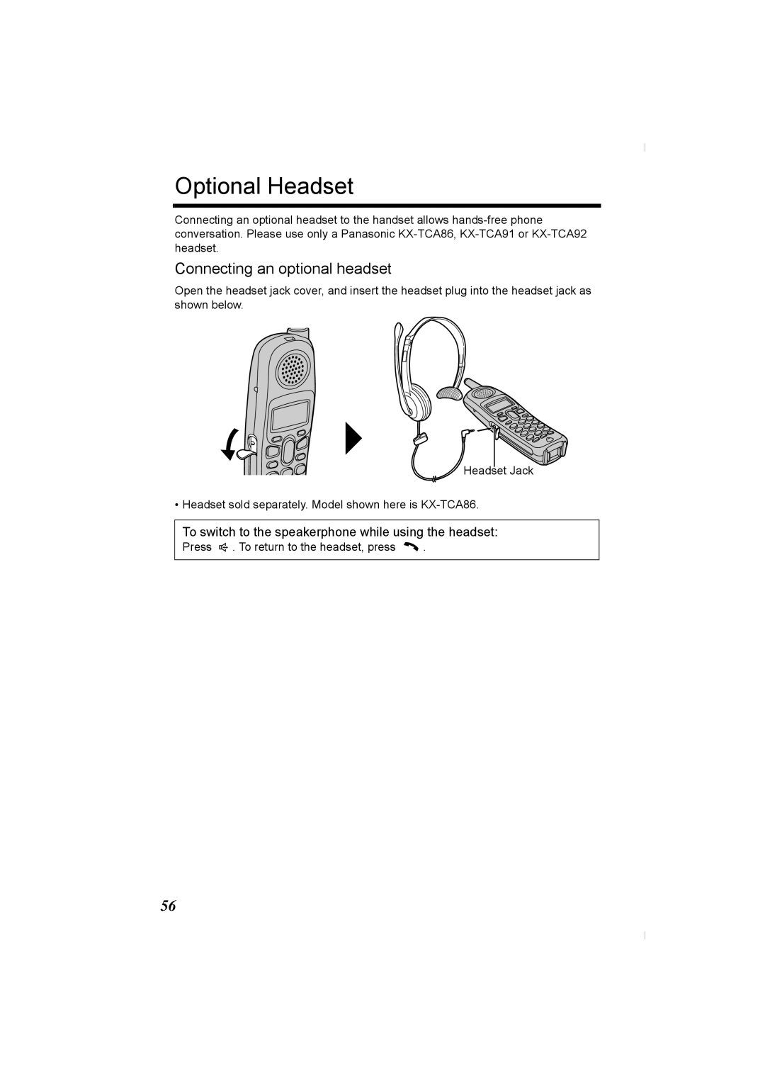 Panasonic KX-TG2336C operating instructions Optional Headset, Connecting an optional headset 