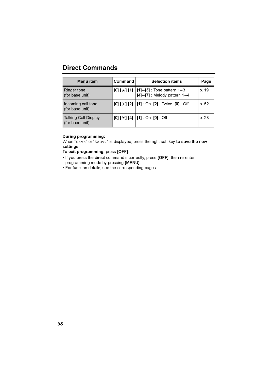 Panasonic KX-TG2336C operating instructions Direct Commands, During programming, To exit programming, press OFF 