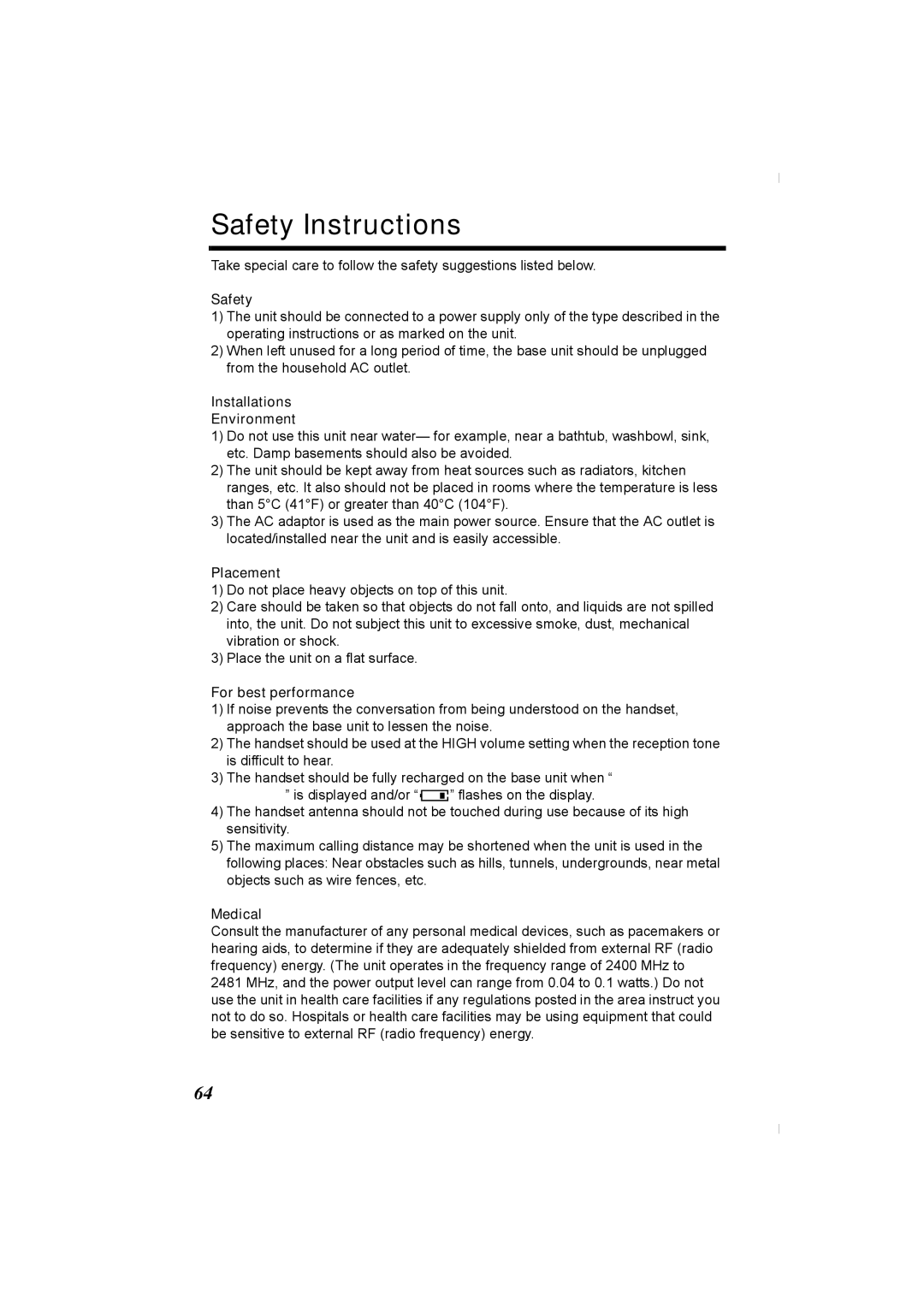 Panasonic KX-TG2336C operating instructions Safety Instructions 