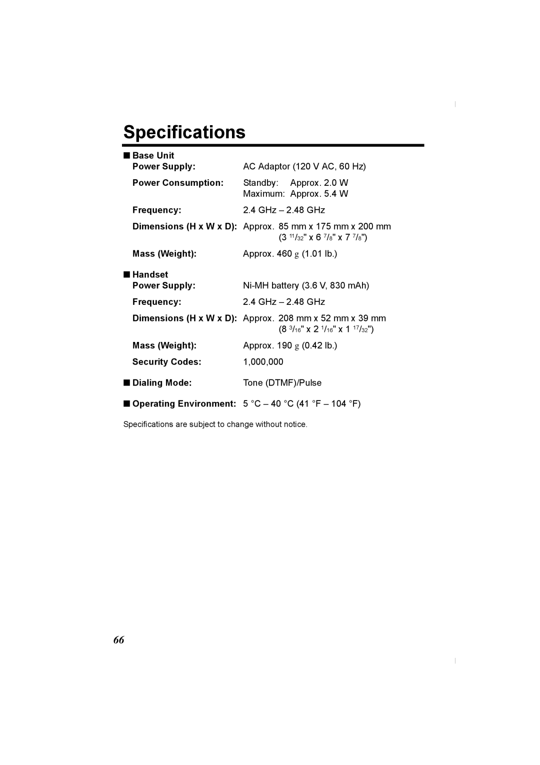 Panasonic KX-TG2336C Base Unit, Power Consumption, Frequency, Mass Weight, Handset, Security Codes, Dialing Mode 