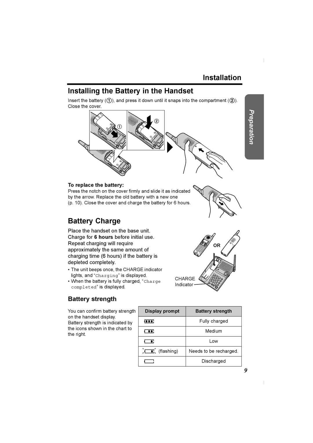 Panasonic KX-TG2336C Installation Installing the Battery in the Handset, Battery strength, To replace the battery 