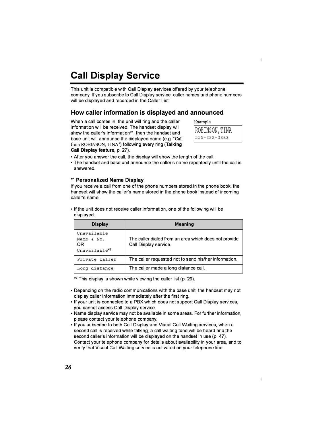 Panasonic KX-TG2336C Call Display Service, Robinson,Tina, How caller information is displayed and announced, Meaning 