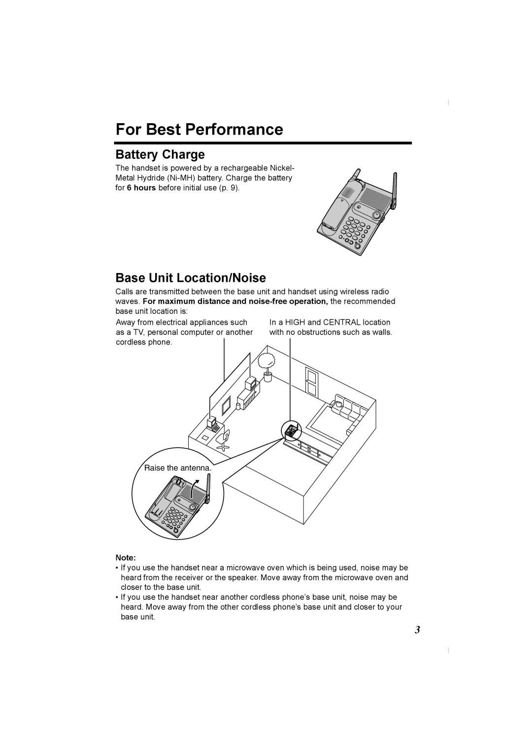 Panasonic KX-TG2336C operating instructions For Best Performance, Battery Charge, Base Unit Location/Noise 
