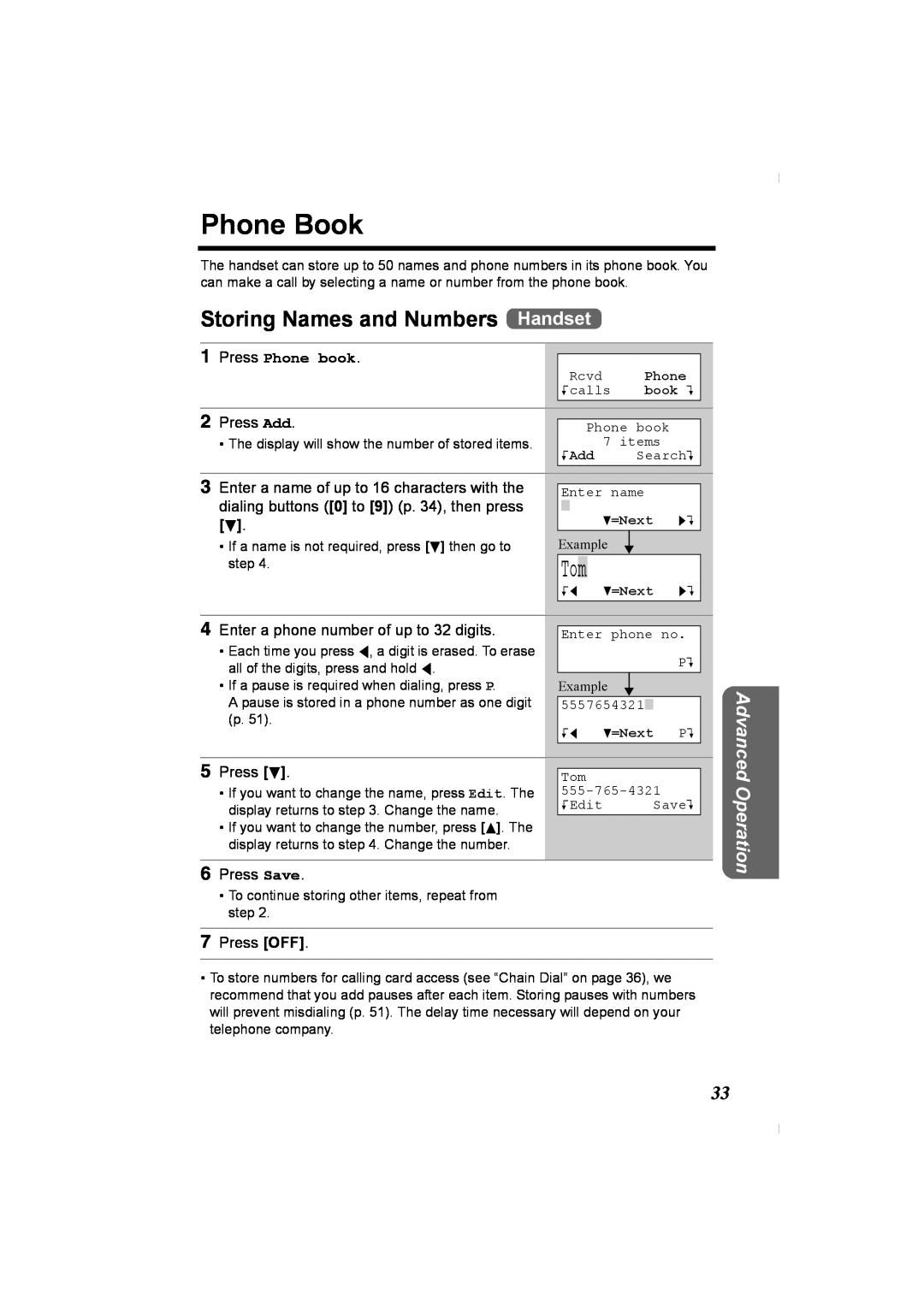 Panasonic KX-TG2336C Phone Book, Storing Names and Numbers Handset, Press Phone book, Press Add, Press d, Press Save, KAdd 