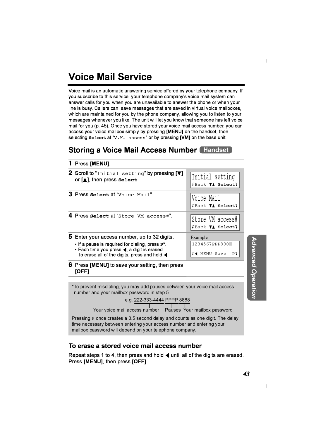 Panasonic KX-TG2336C Voice Mail Service, Storing a Voice Mail Access Number Handset, Press Select at “Voice Mail”, Example 