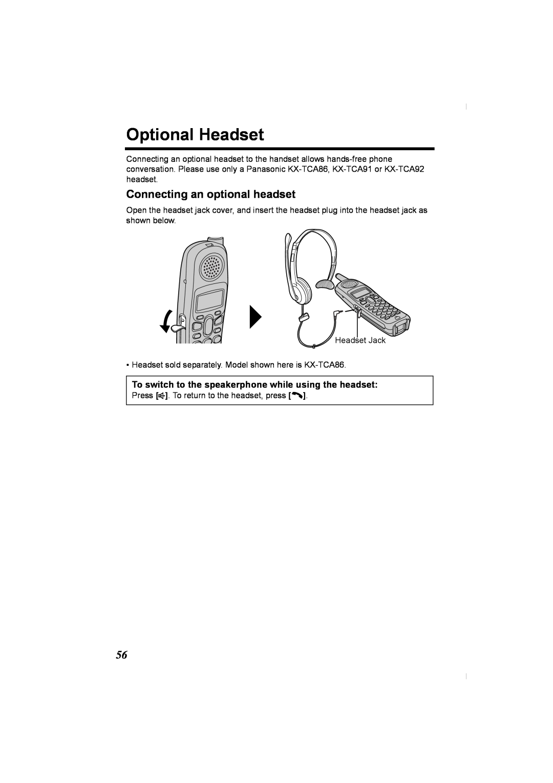 Panasonic KX-TG2336C operating instructions Optional Headset, Connecting an optional headset 