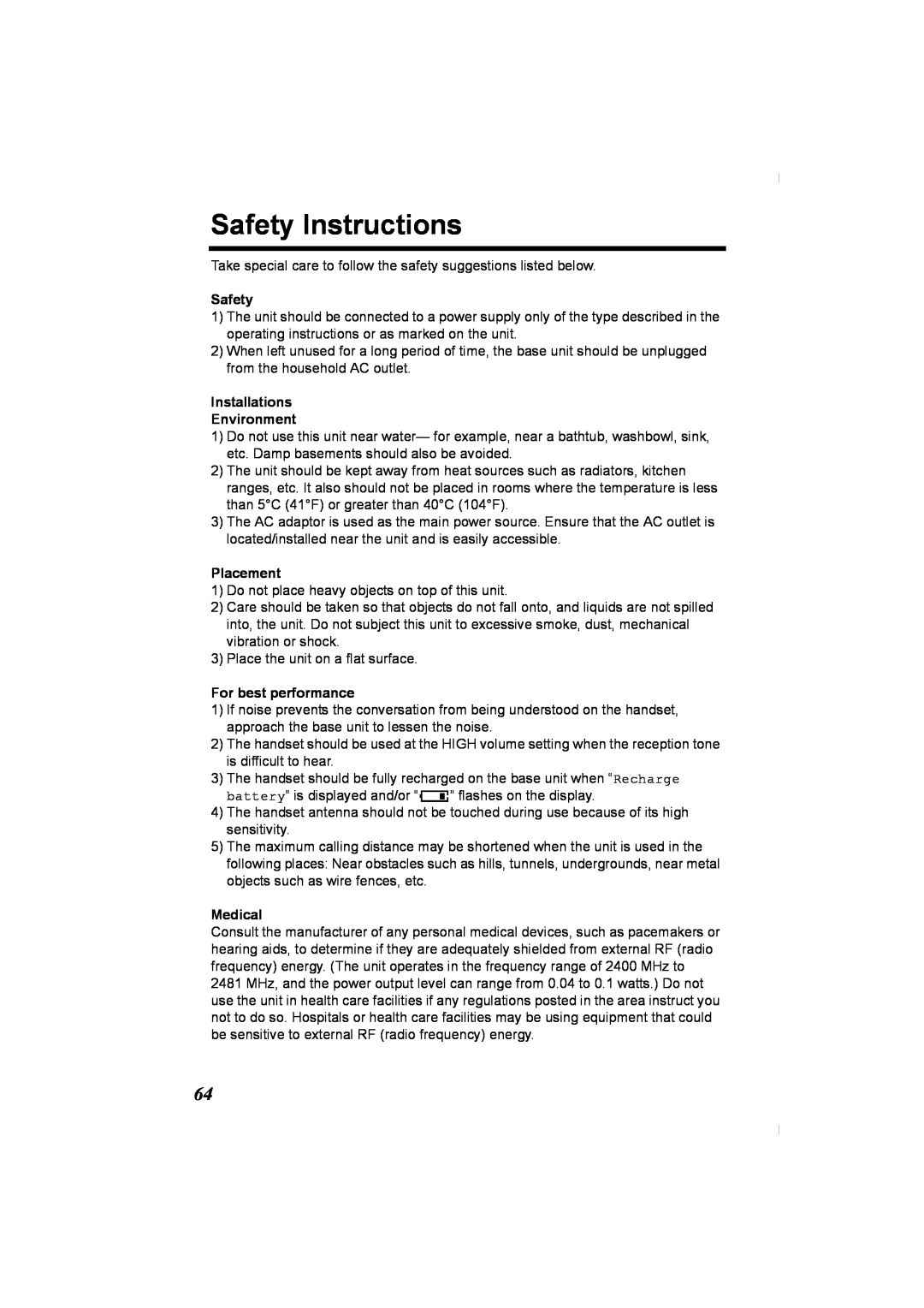 Panasonic KX-TG2336C Safety Instructions, Installations Environment, Placement, For best performance, Medical 