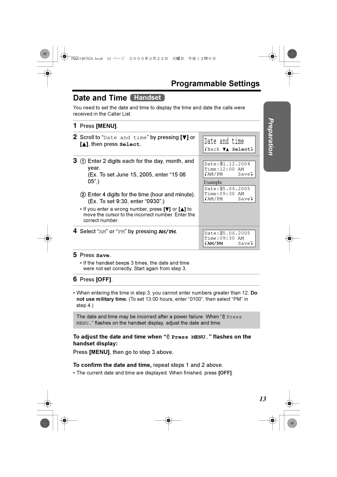 Panasonic KX-TG2340JX operating instructions Programmable Settings Date and Time Handset 