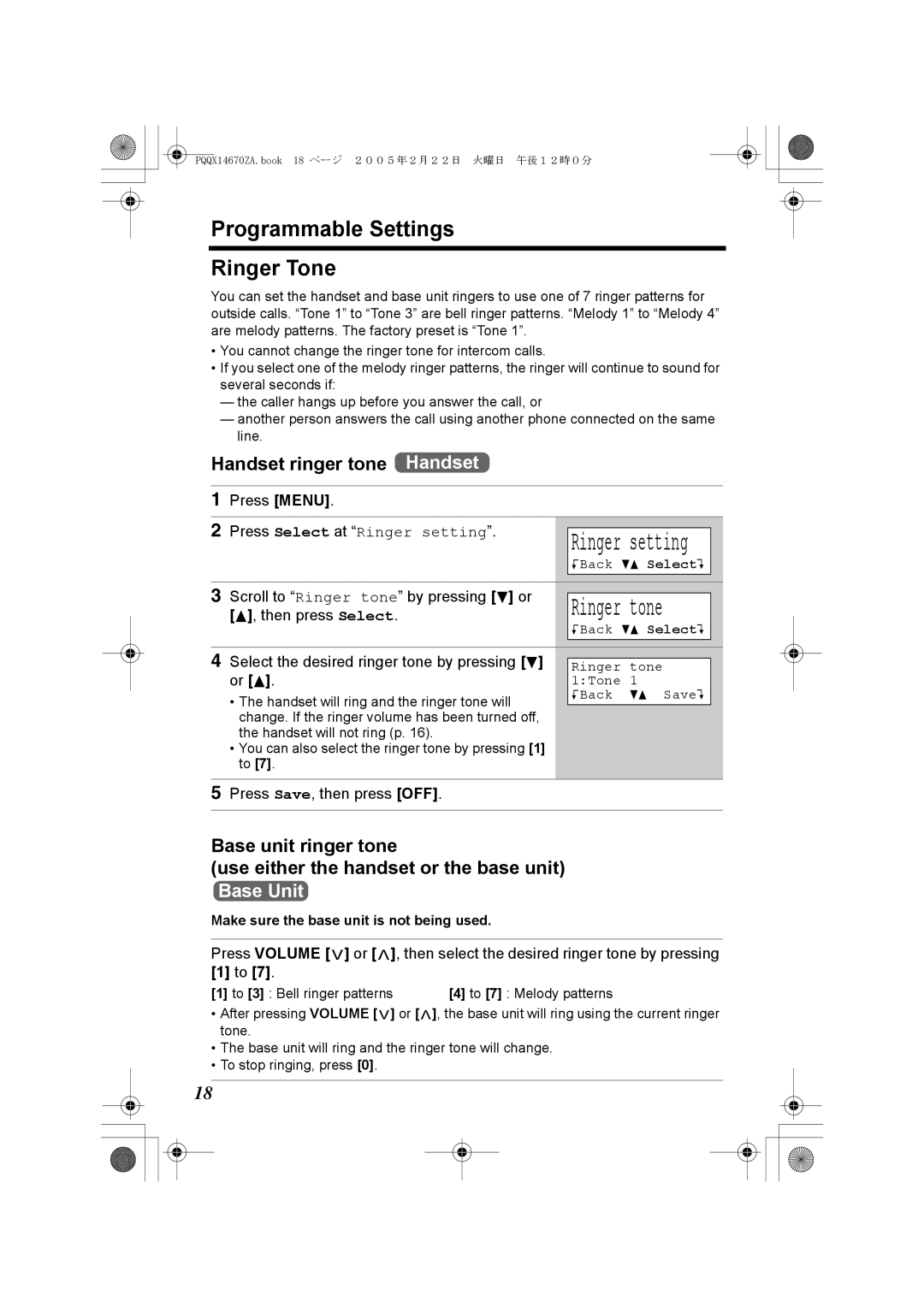 Panasonic KX-TG2340JX operating instructions Programmable Settings Ringer Tone, Handset ringer tone Handset, Or B 