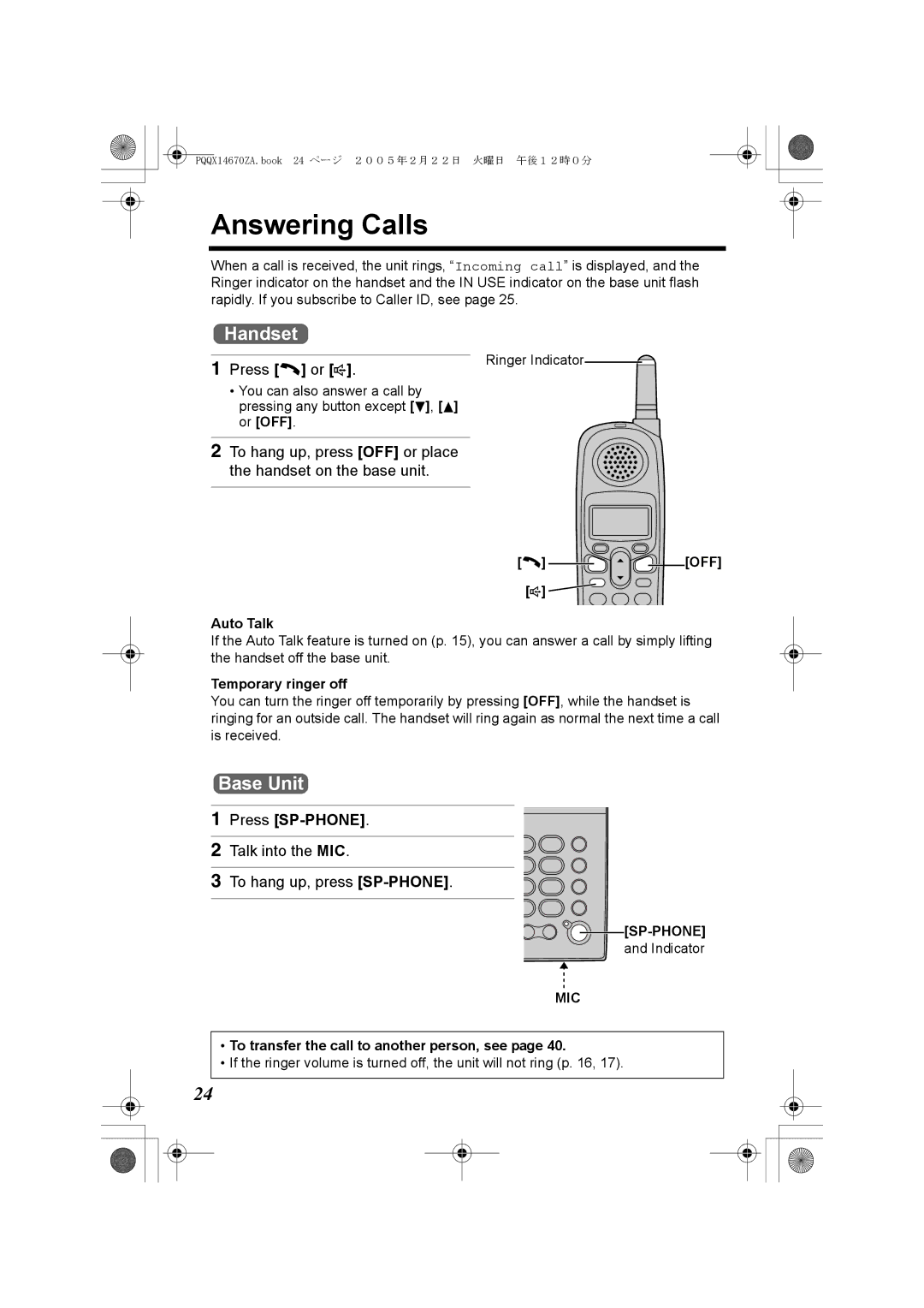 Panasonic KX-TG2340JX Answering Calls, Base Unit, Talk into the MIC To hang up, press SP-PHONE, OFF s Auto Talk 