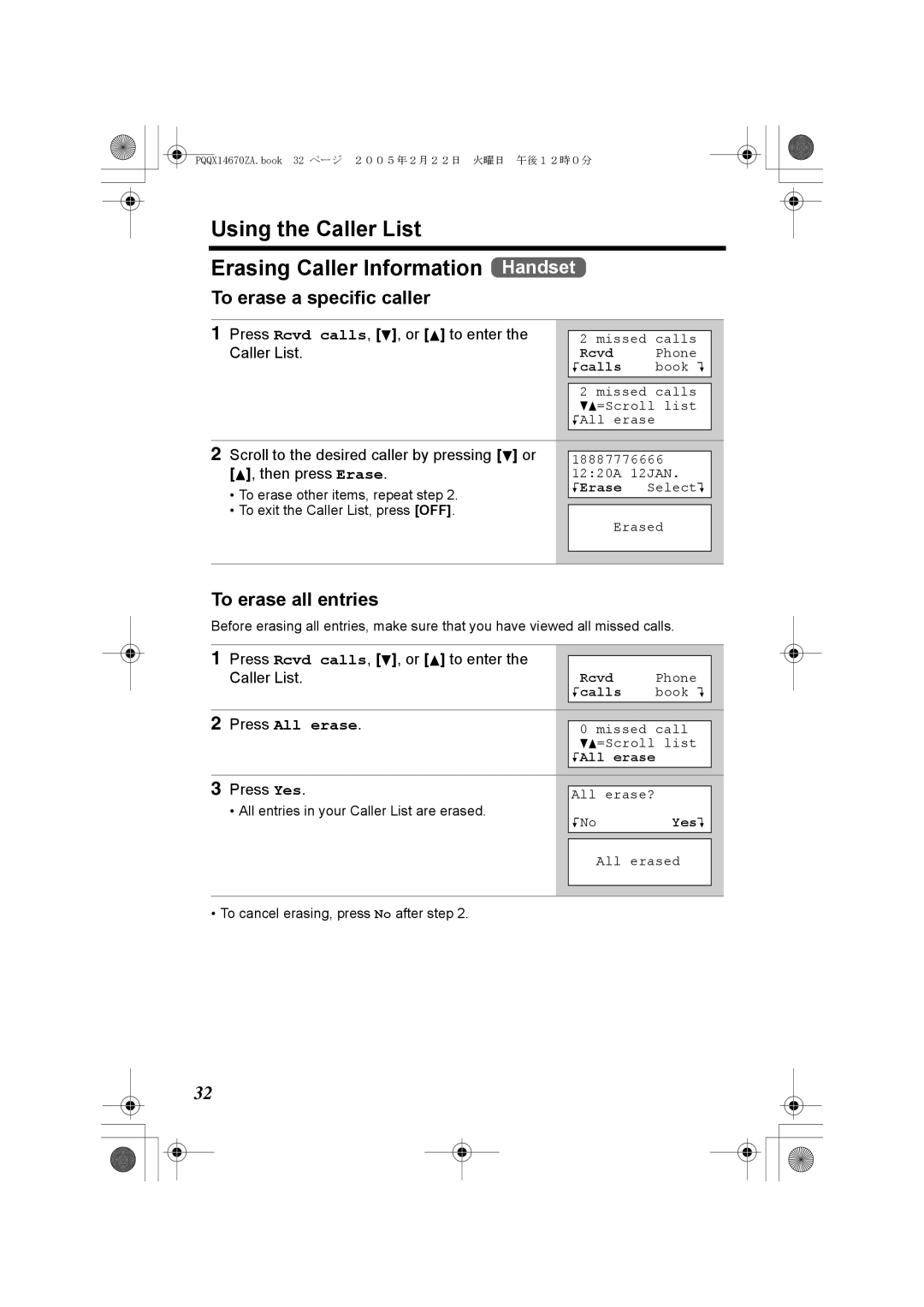 Panasonic KX-TG2340JX Using the Caller List Erasing Caller Information Handset, To erase a specific caller 