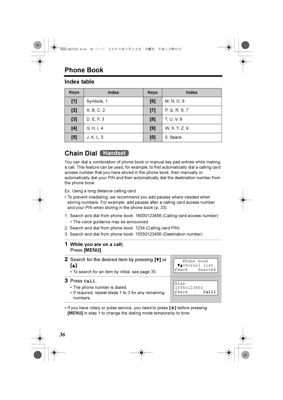 Panasonic KX-TG2340JX Chain Dial Handset, Index table, While you are on a call Press Menu, Press Call 