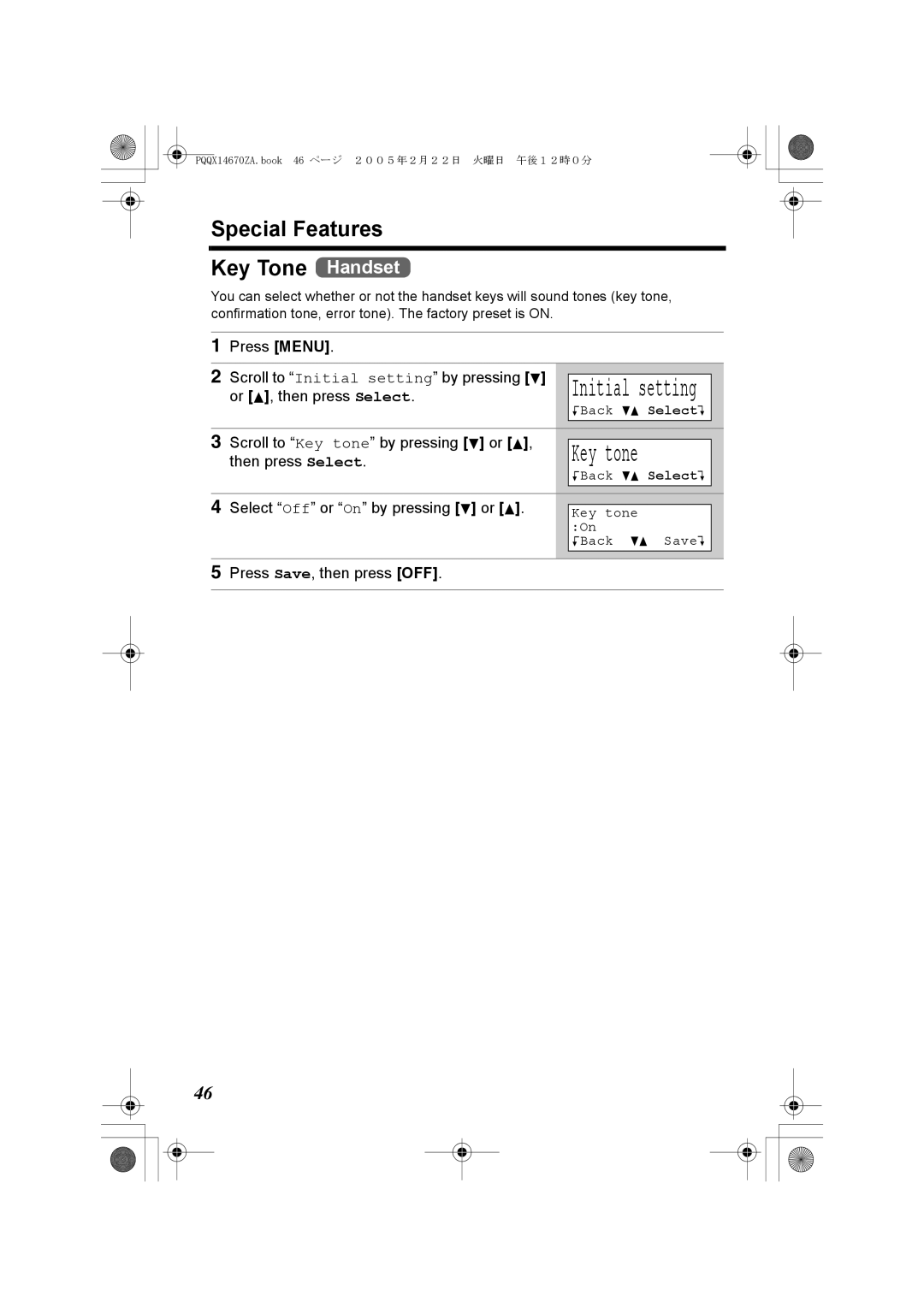 Panasonic KX-TG2340JX Special Features Key Tone Handset, Scroll to Key tone by pressing d or B, Key tone KBack d B Save L 