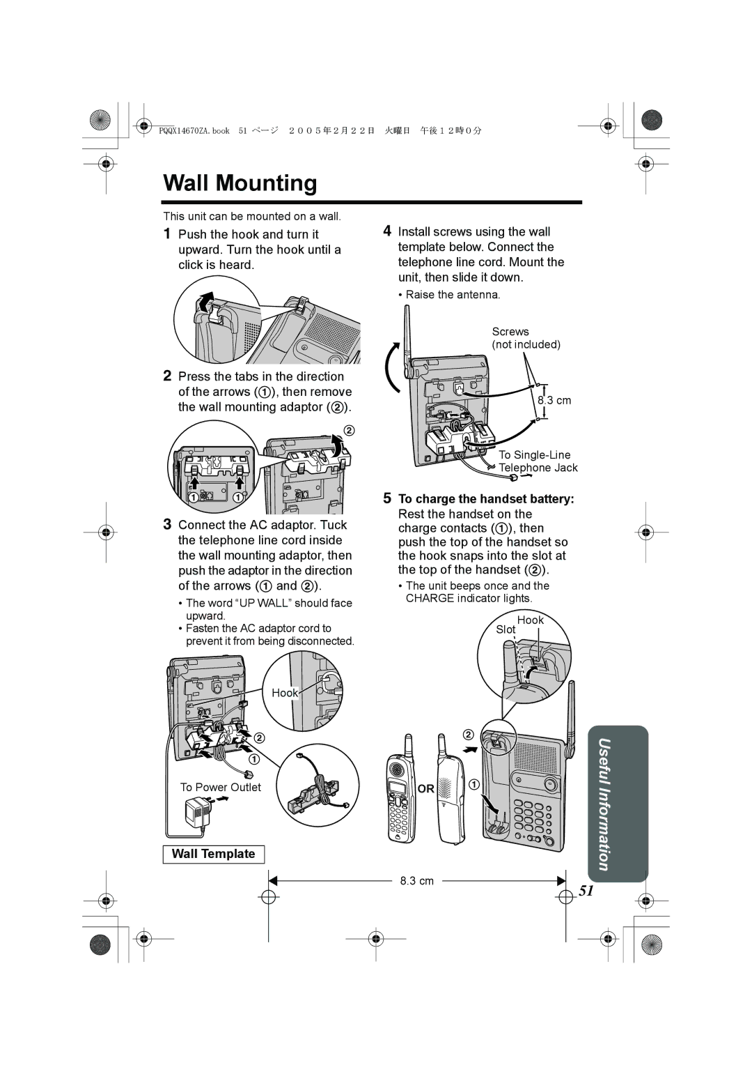 Panasonic KX-TG2340JX operating instructions Wall Mounting, Wall Template 