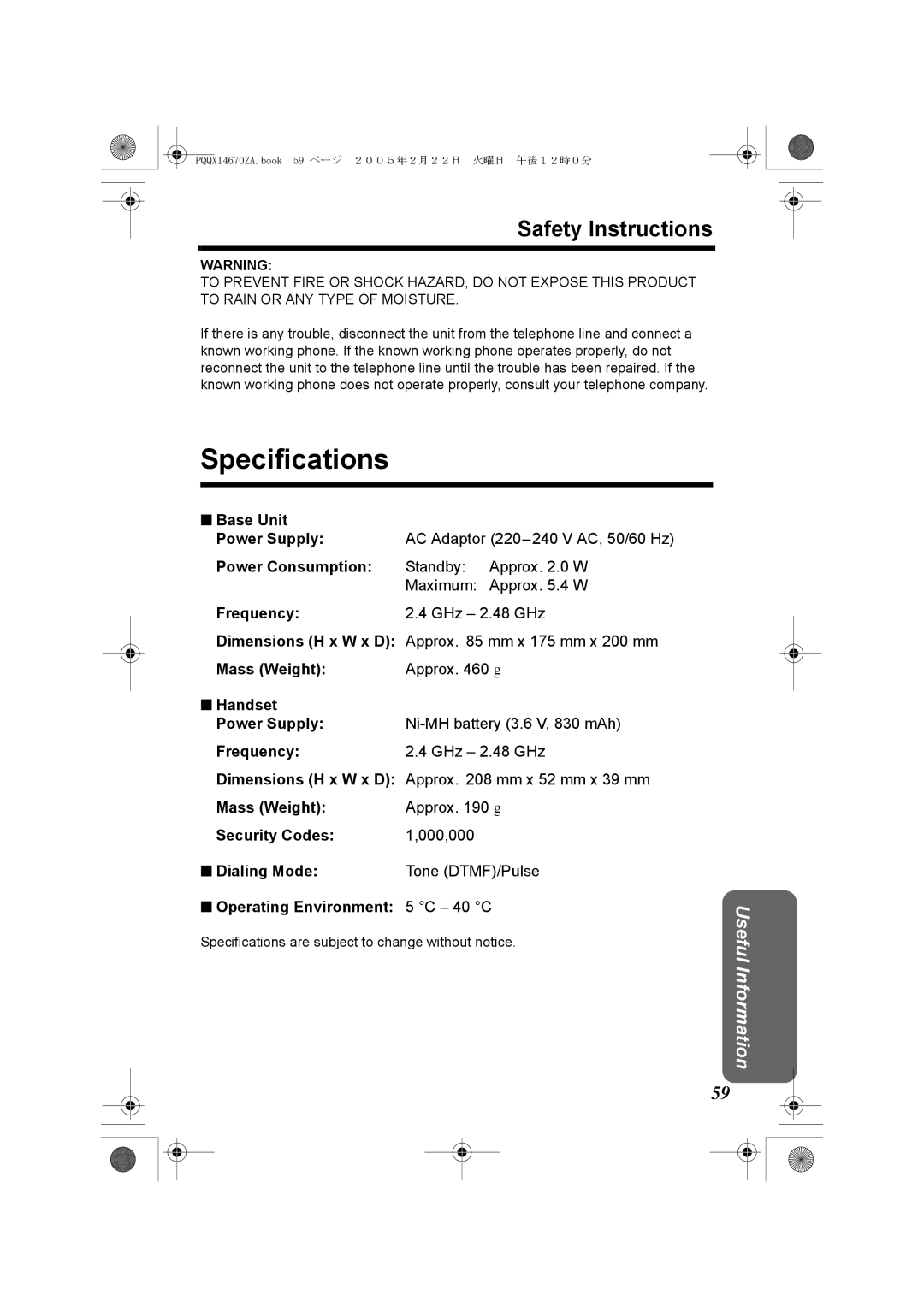 Panasonic KX-TG2340JX operating instructions Specifications, Safety Instructions 