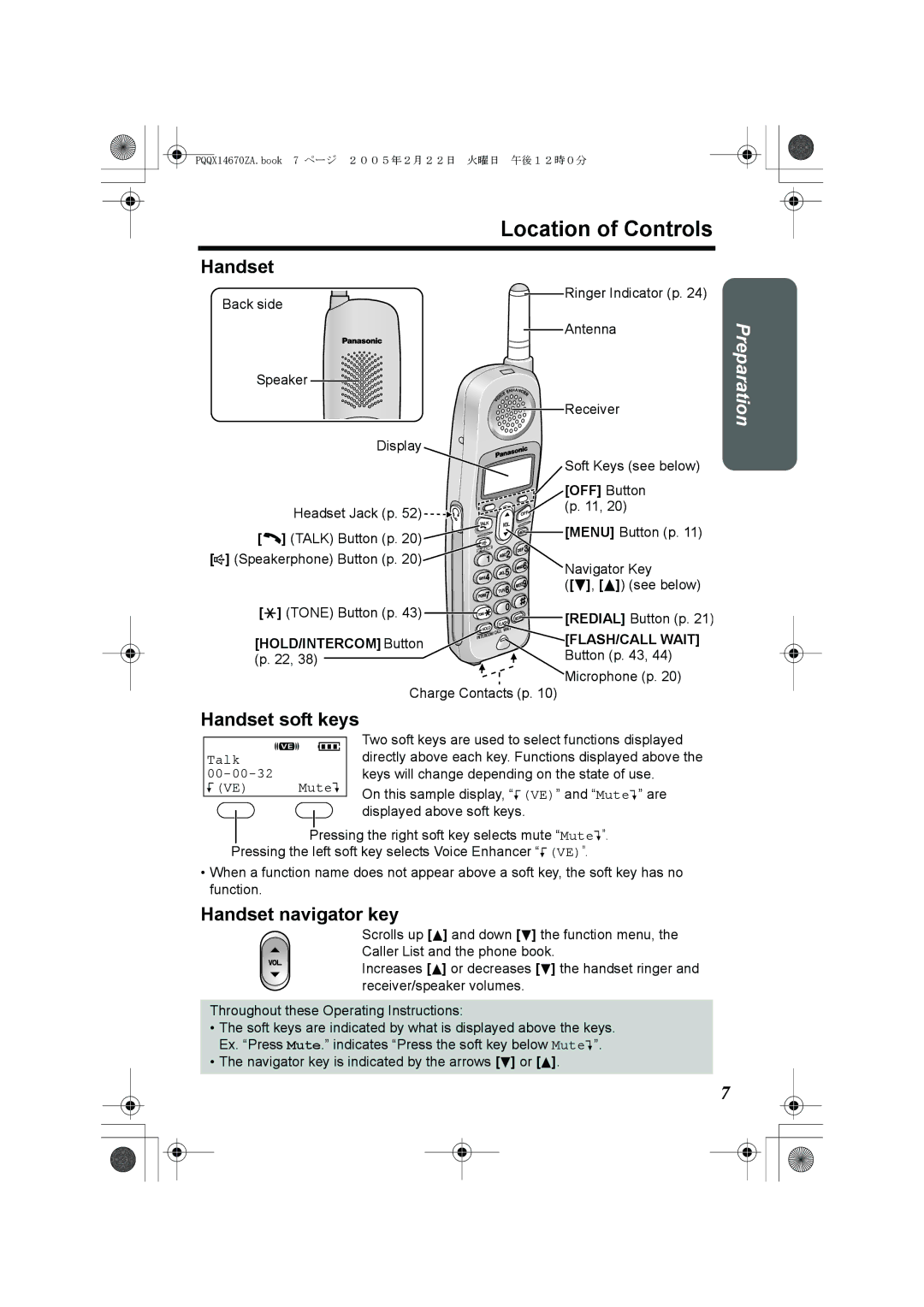 Panasonic KX-TG2340JX operating instructions Location of Controls, Handset soft keys, Handset navigator key 