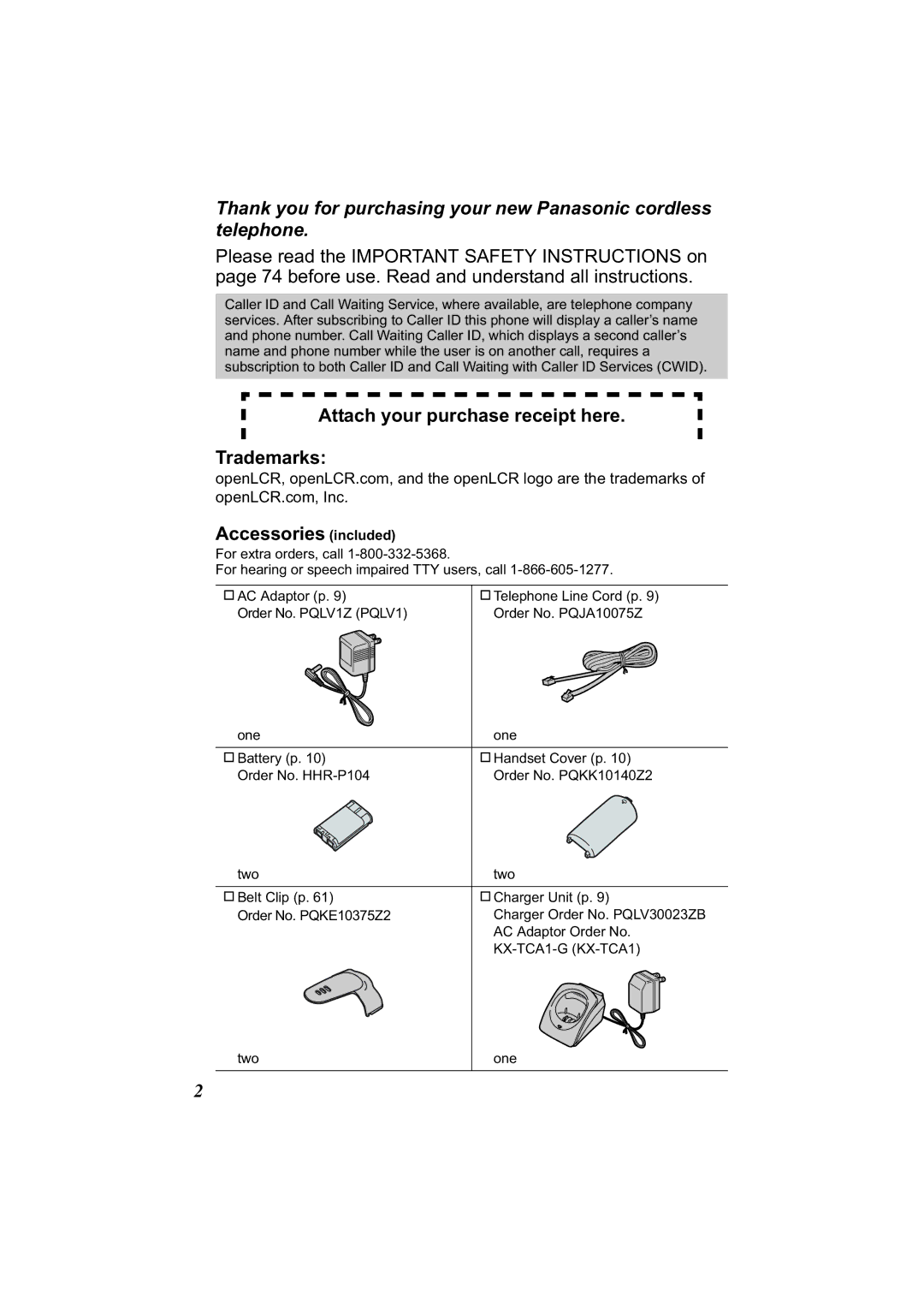 Panasonic KX-TG2344 manual Attach your purchase receipt here Trademarks, Accessories included 