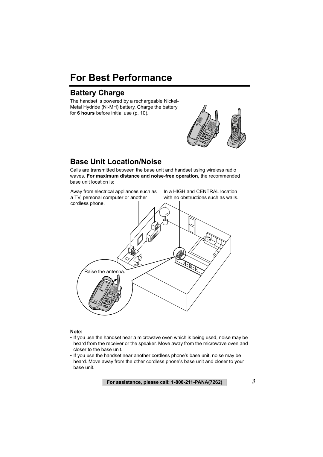 Panasonic KX-TG2344 manual For Best Performance, Battery Charge, Base Unit Location/Noise 