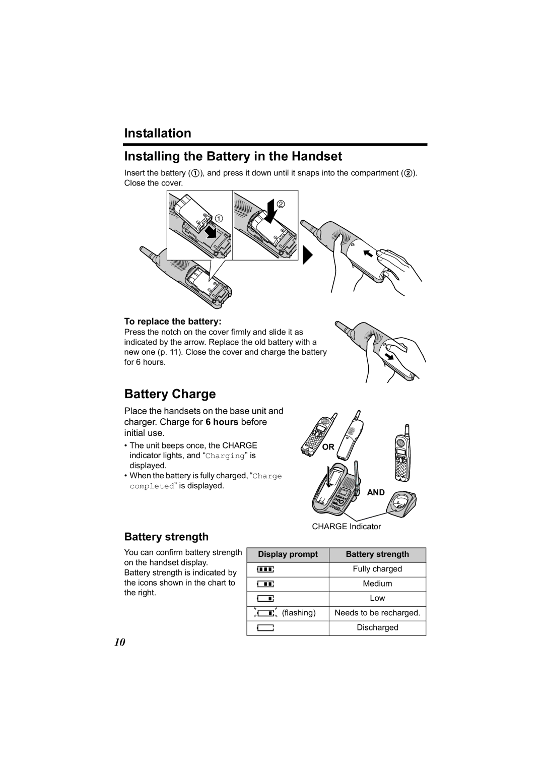 Panasonic KX-TG2344 manual Installation Installing the Battery in the Handset, Battery strength, To replace the battery 